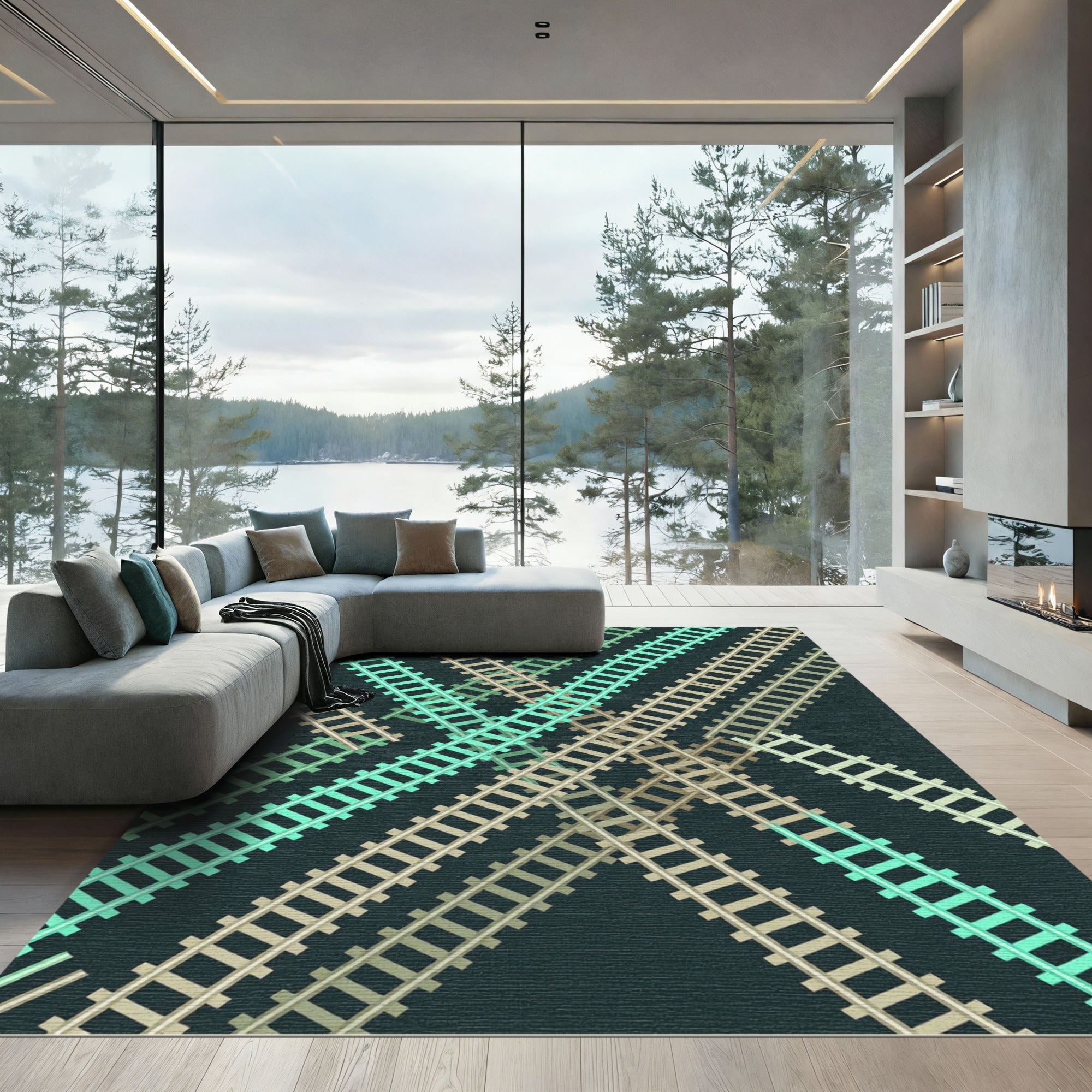 Crossed Tracks Aquamarine Tan Rug