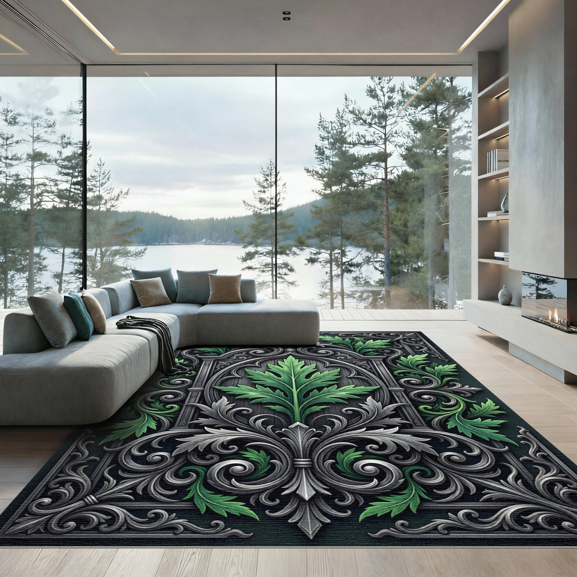 Ornate Emerald Foliage Silver Filigree Rug
