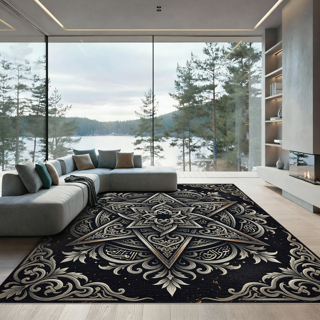 Ornate Black Silver Star Mandala Rug
