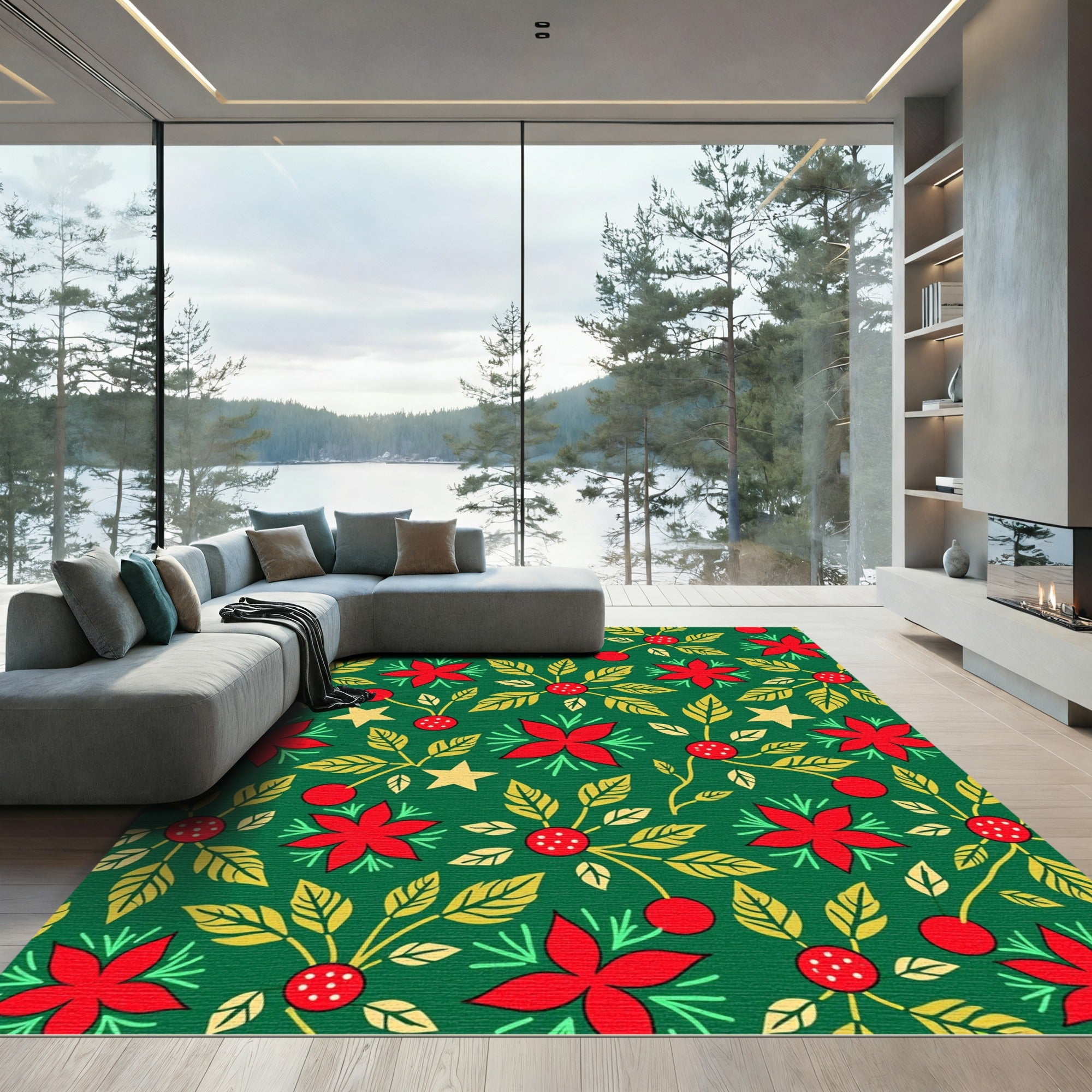 Vibrant Red Poinsettia Star Cluster Rug
