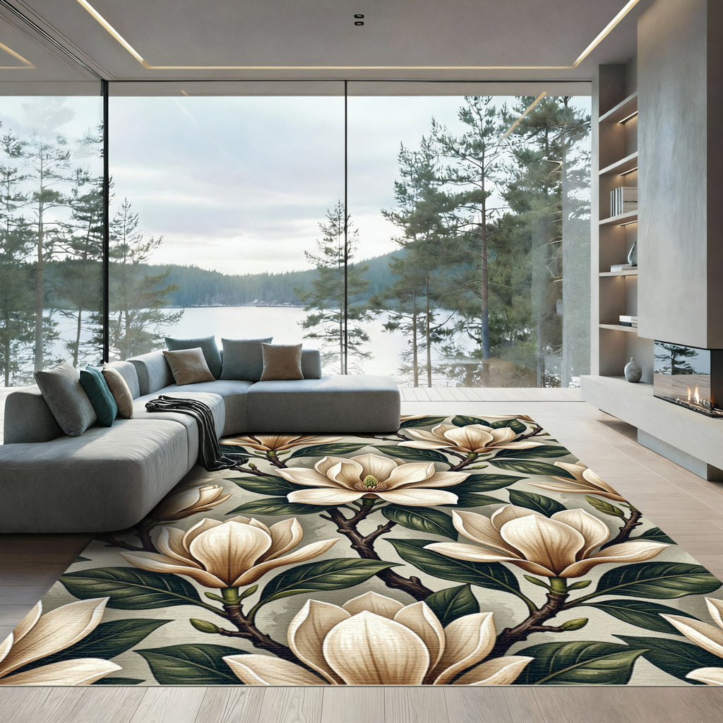 Cream Magnolia Flower Branch Garden Rug