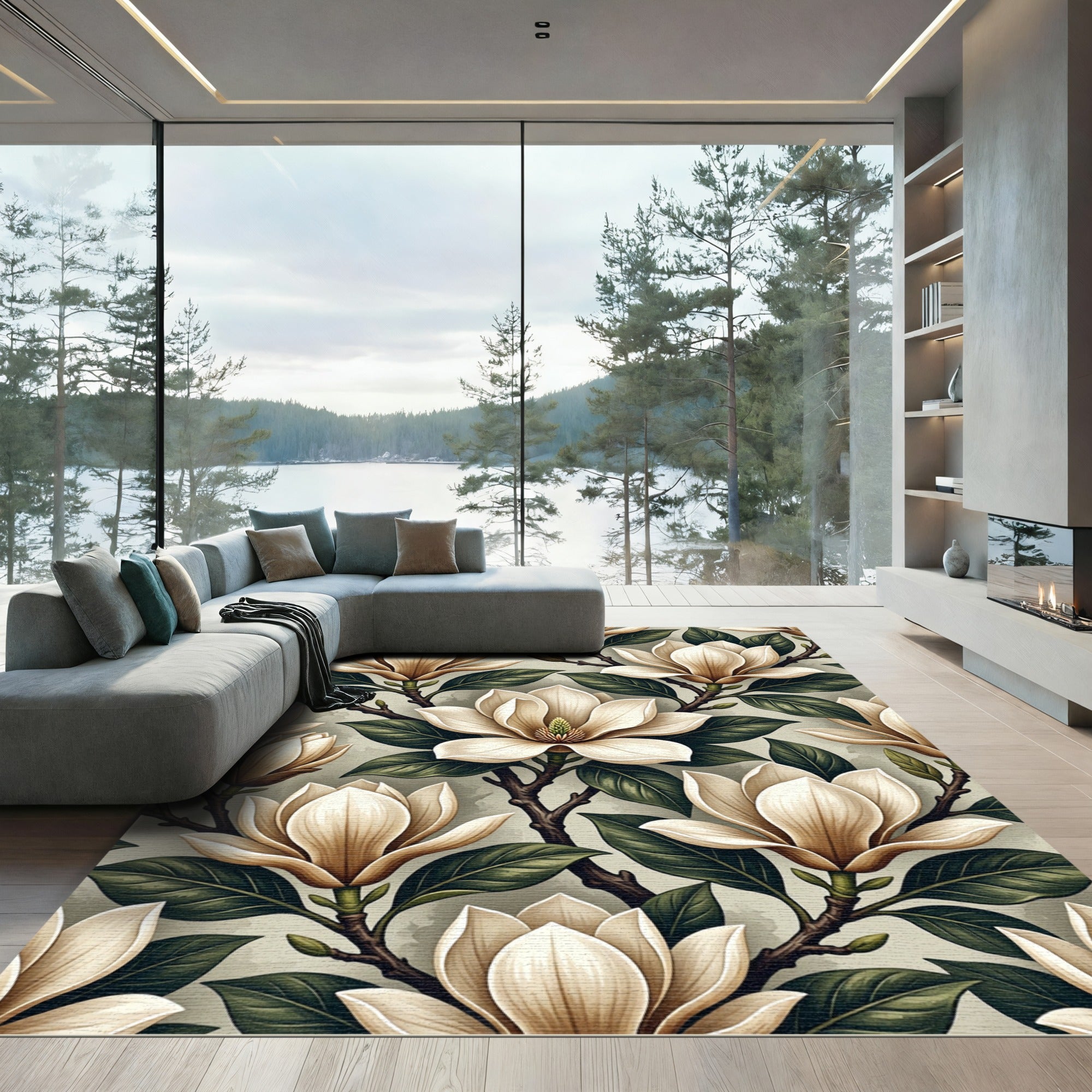 Cream Magnolia Flower Branch Garden Rug