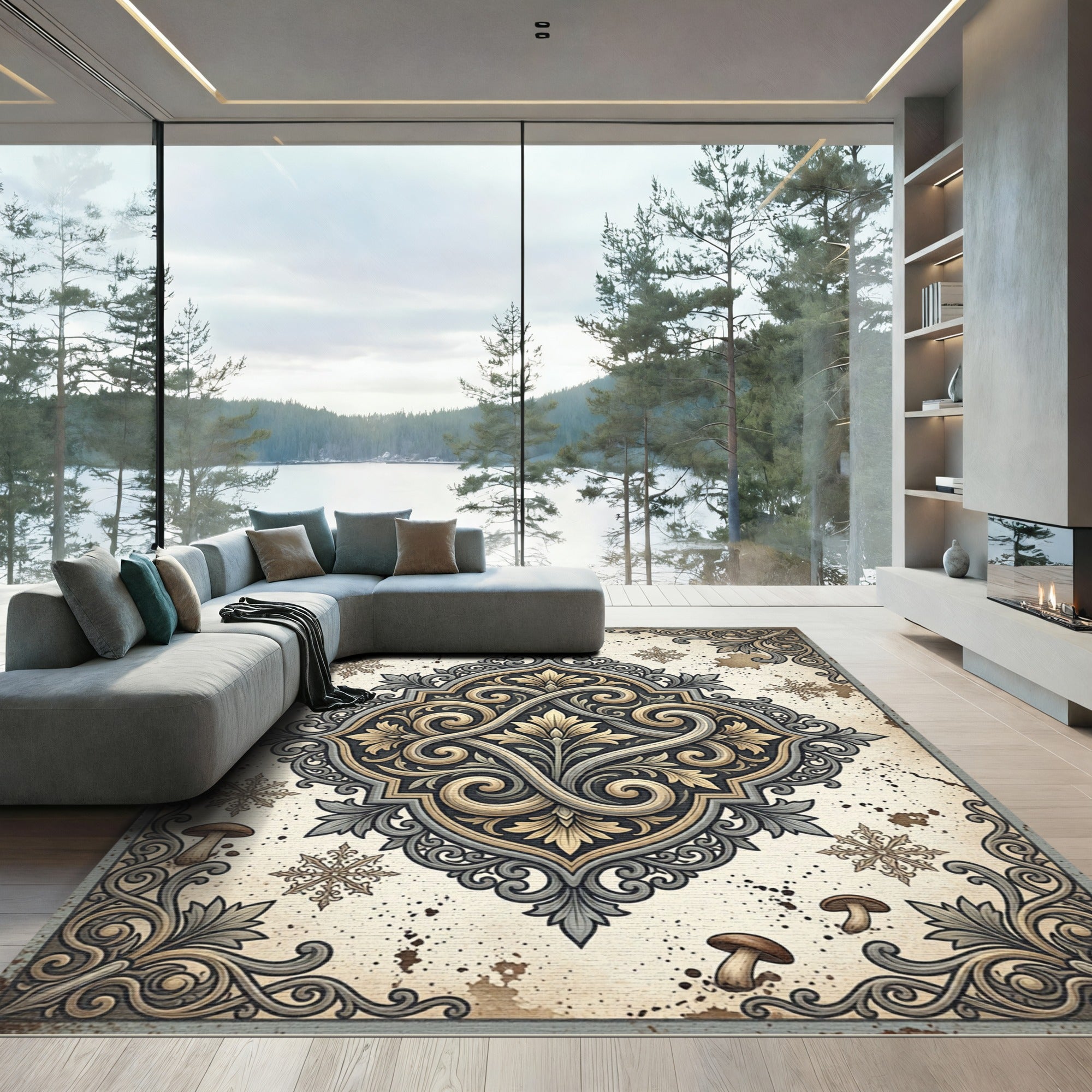 Earthy Floral Scroll Medallion Art Rug