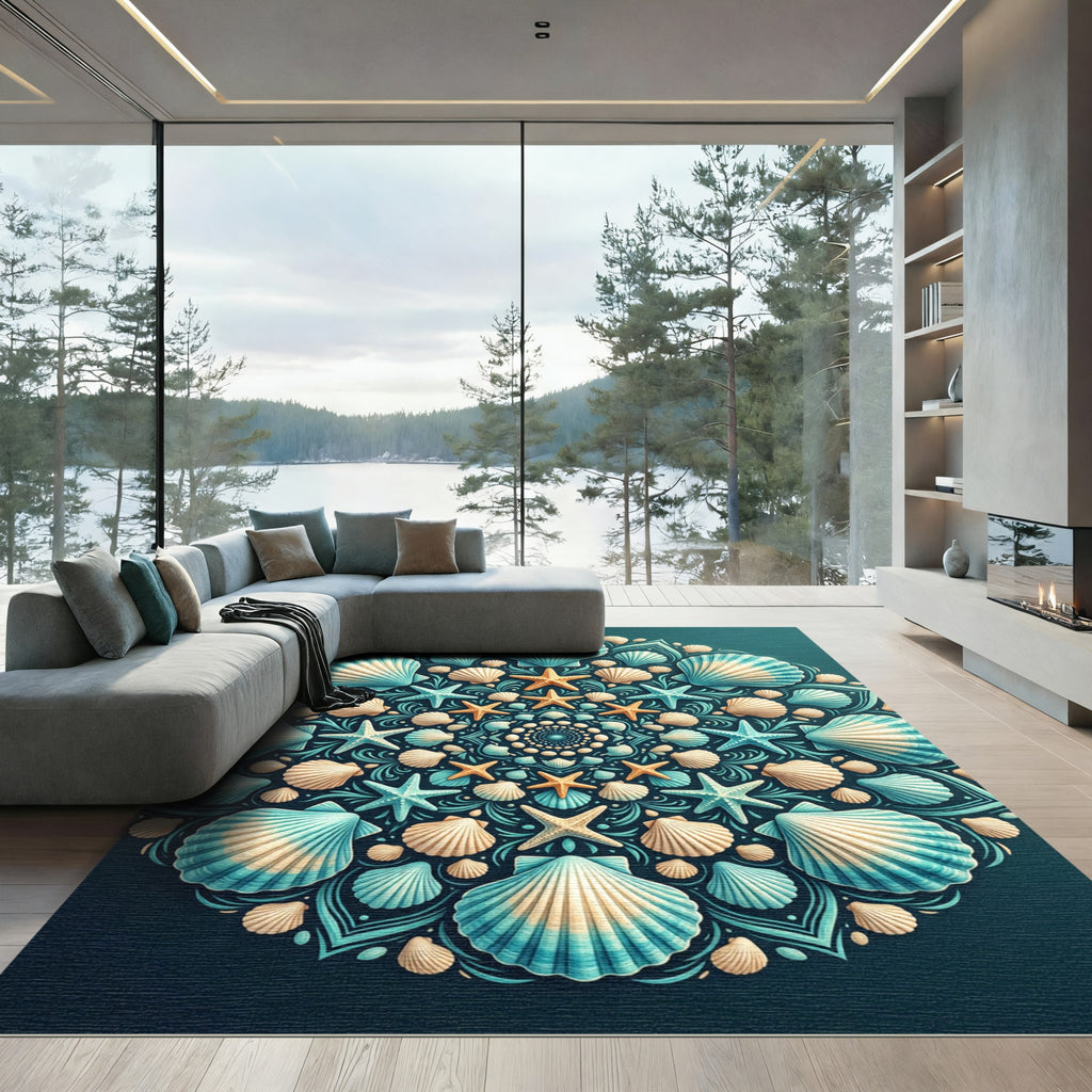 Coastal Teal Shell Starfish Mandala Rug