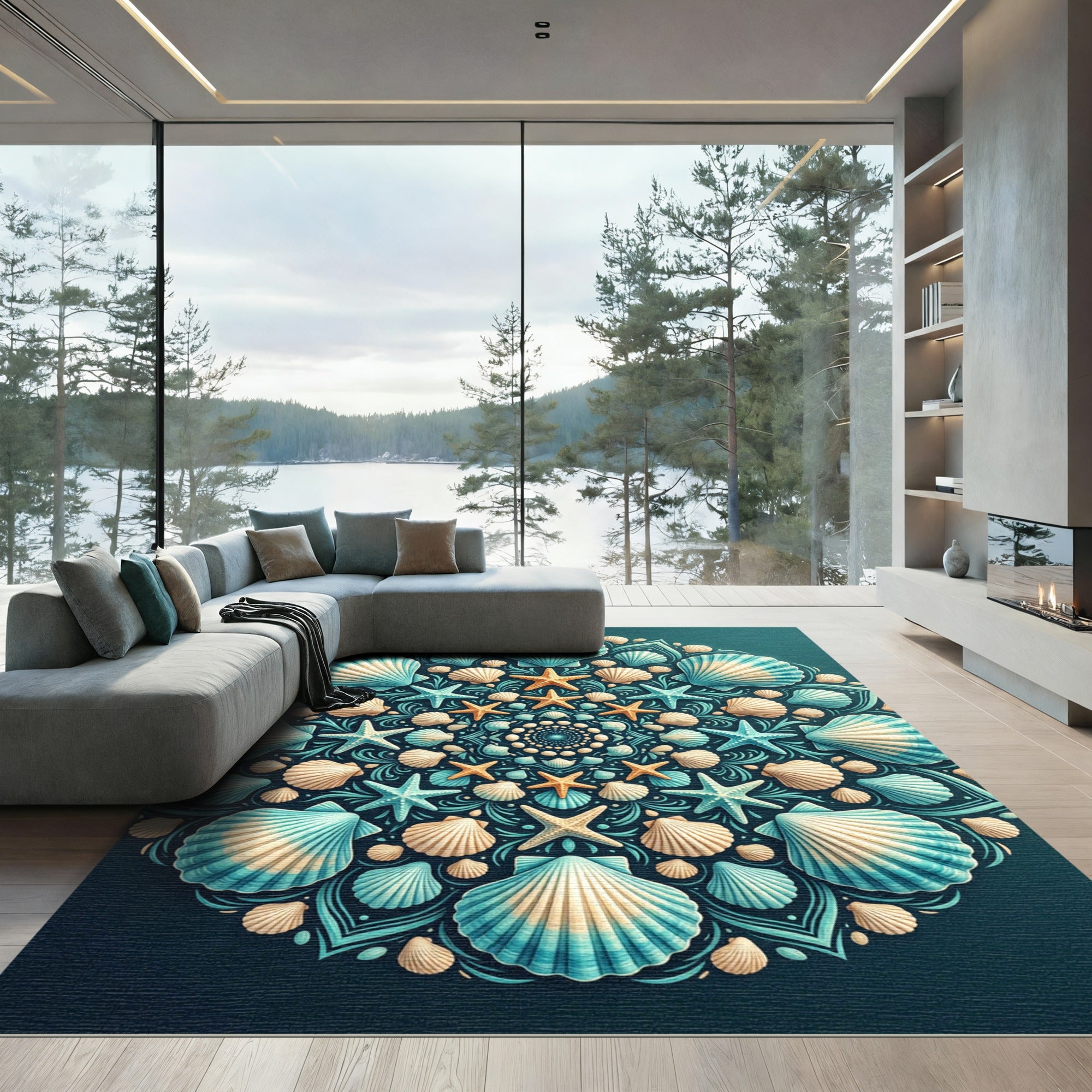 Coastal Teal Shell Starfish Mandala Rug