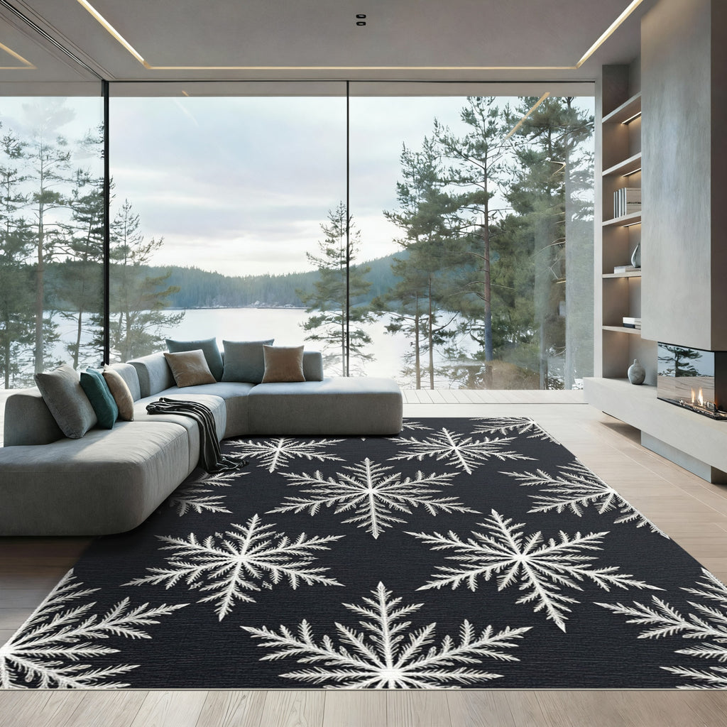 White Snowflake Dark Background Repeating Motif Rug