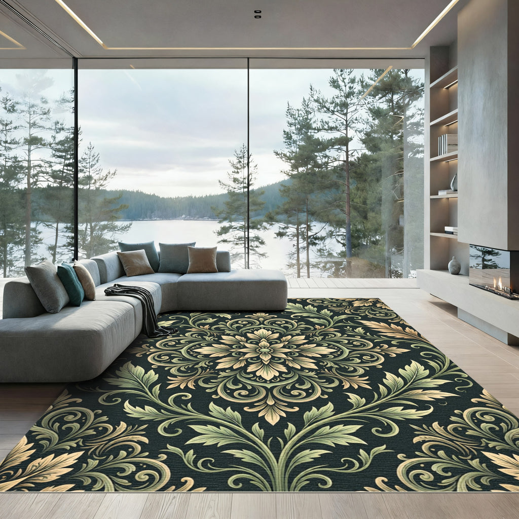 Elegant Olive Green Damask Floral Scroll Rug