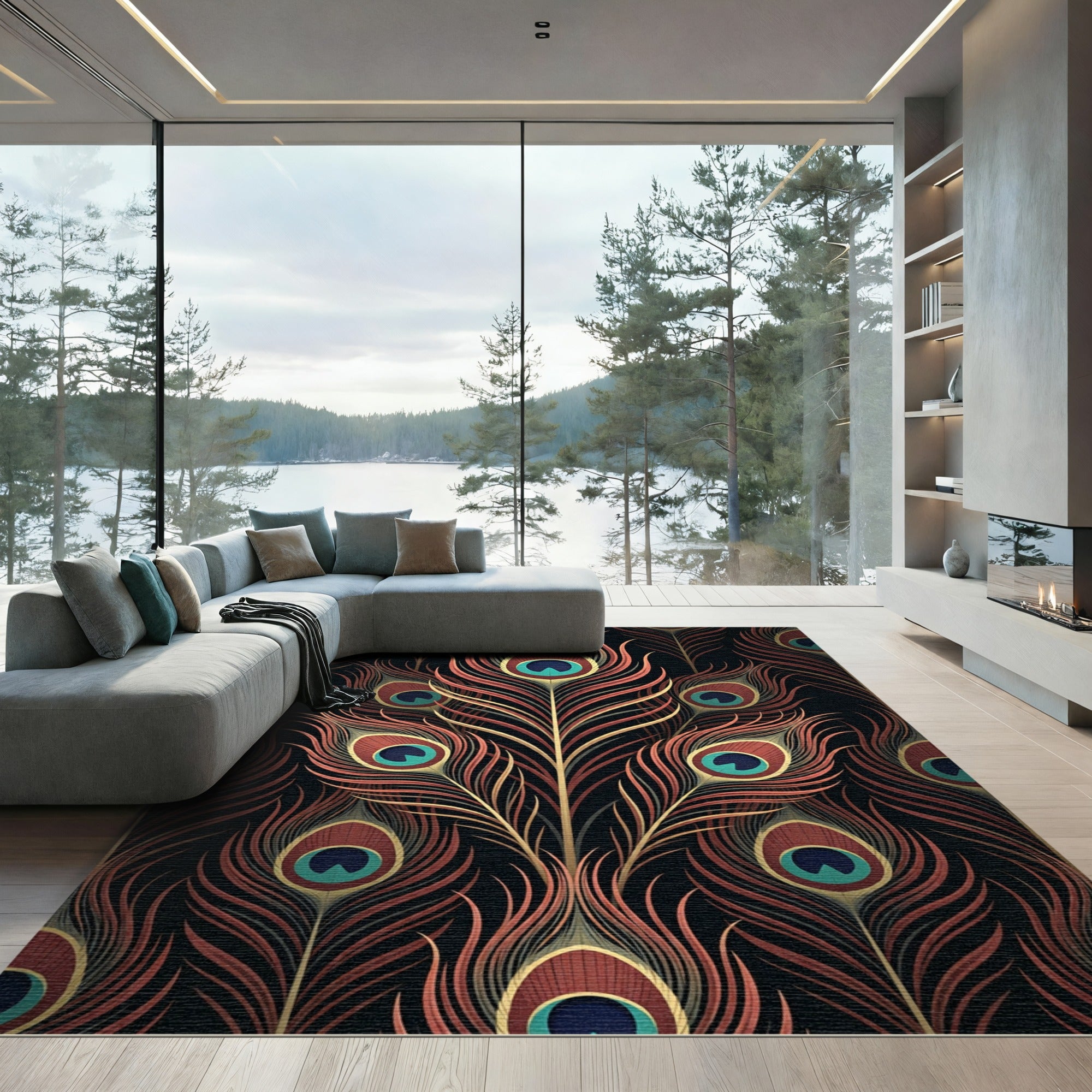 Elegant Peacock Feather Copper Art Rug