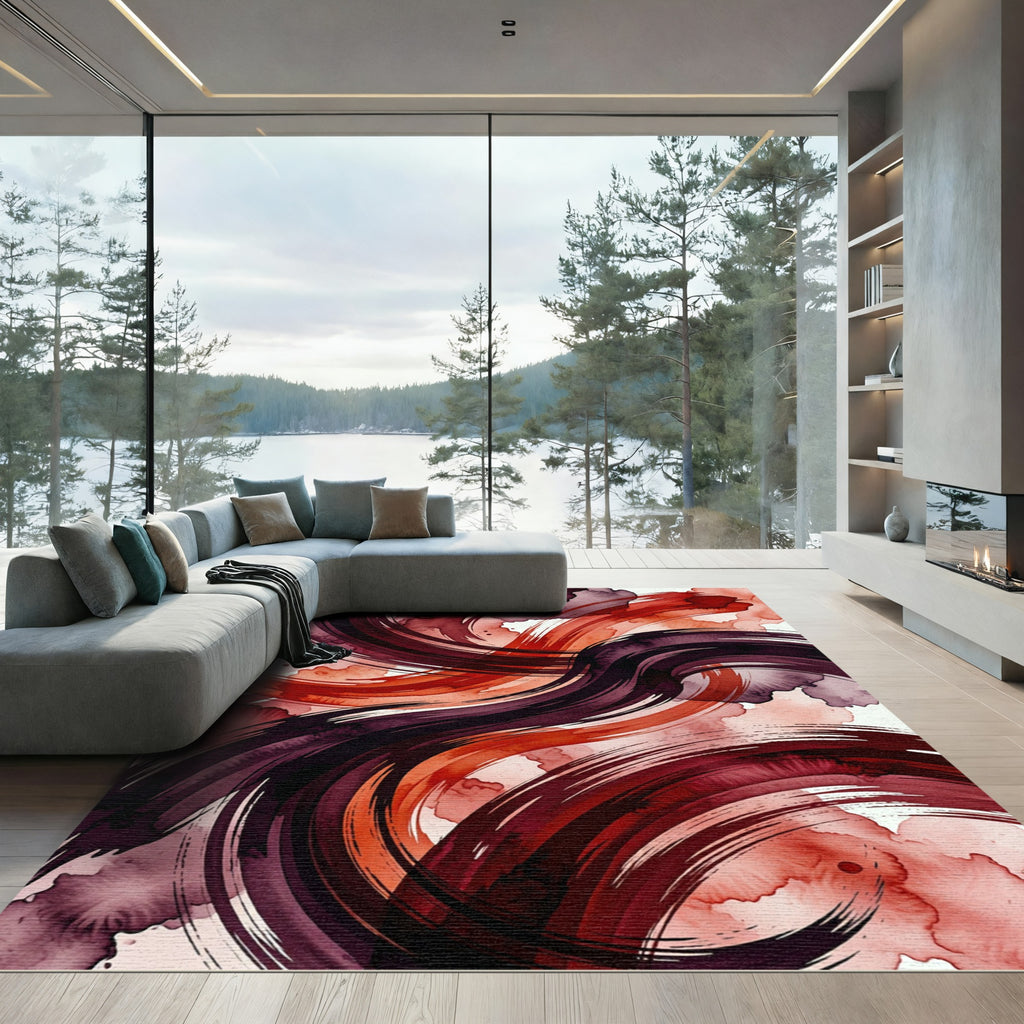 Dark Crimson Abstract Flowing Sweep Rug