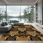Gold Art Deco Leopard Geometric Grid Rug