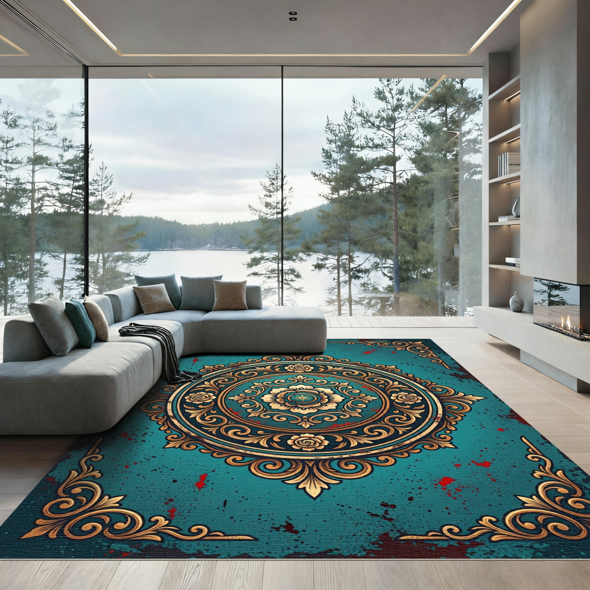 Gilded Teal Floral Mandala Ornament Rug