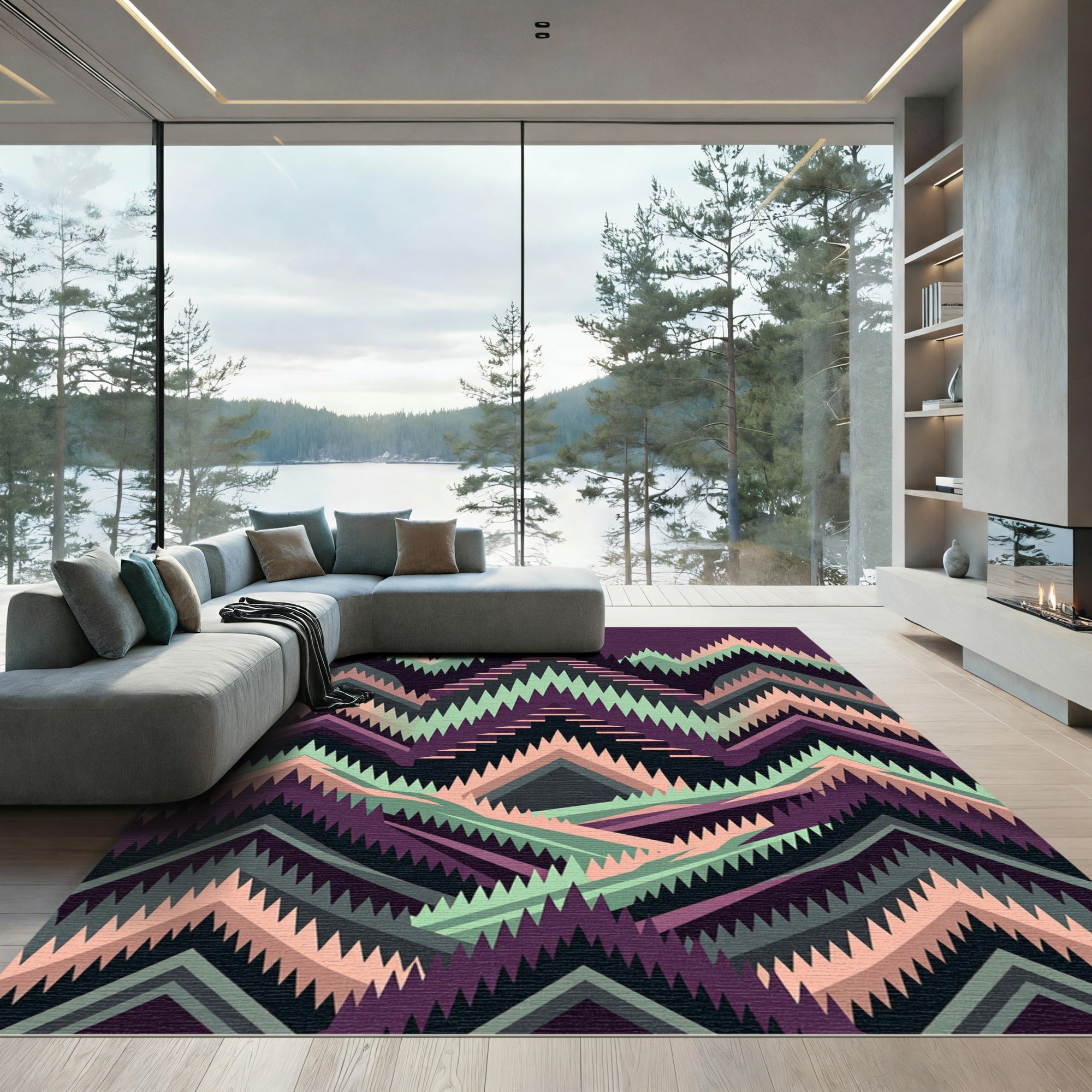 Purple Mint Peach Jagged Chevron Landscape Rug