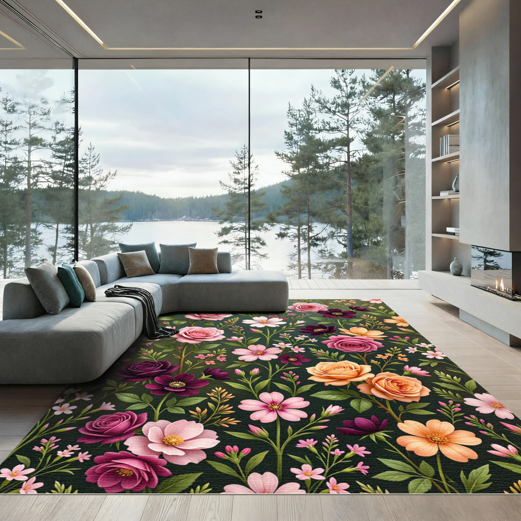 Pink Orange Rose Floral Garden Rug