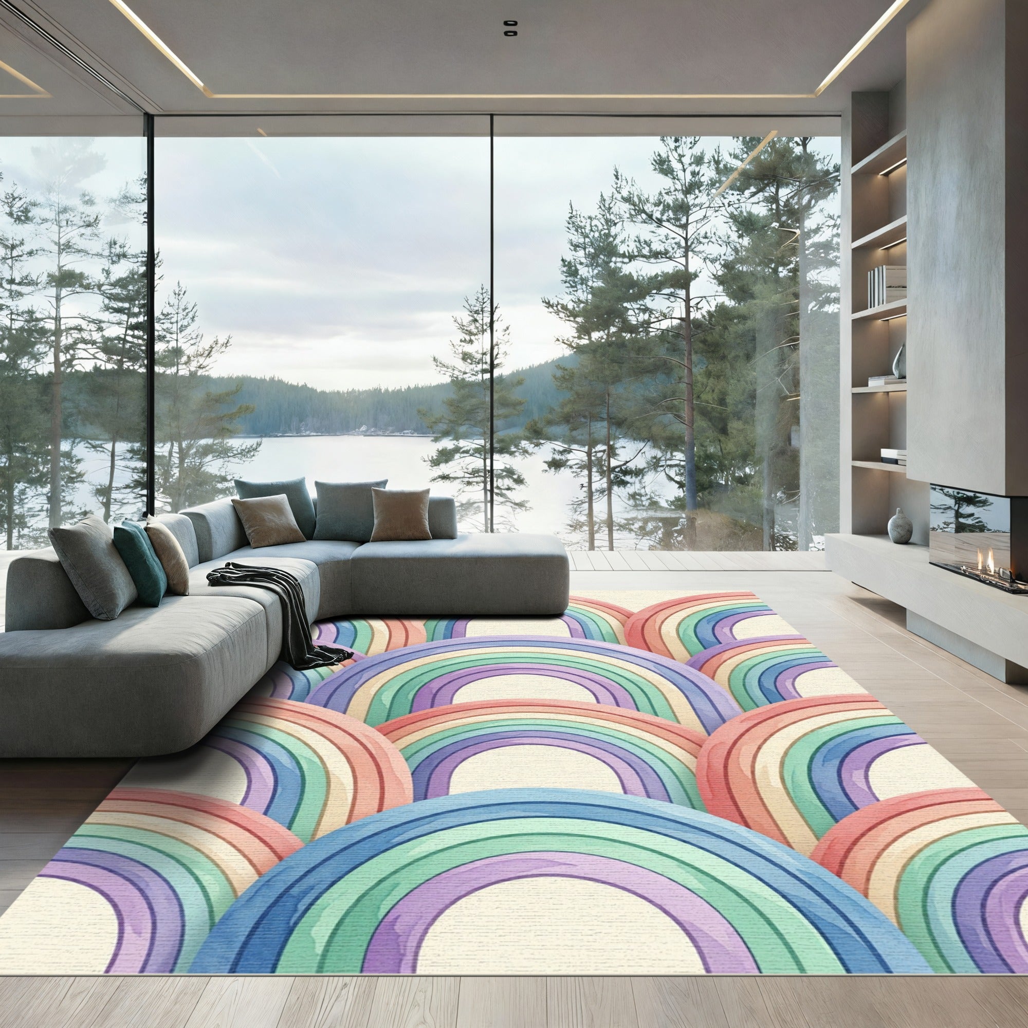 Pastel Rainbow Arched Watercolor Tapestry Rug