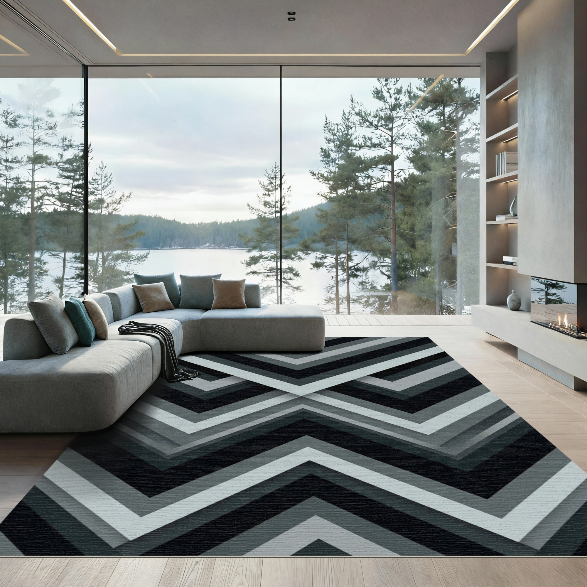 Monochrome Gray Angular Chevron Geometric Rug