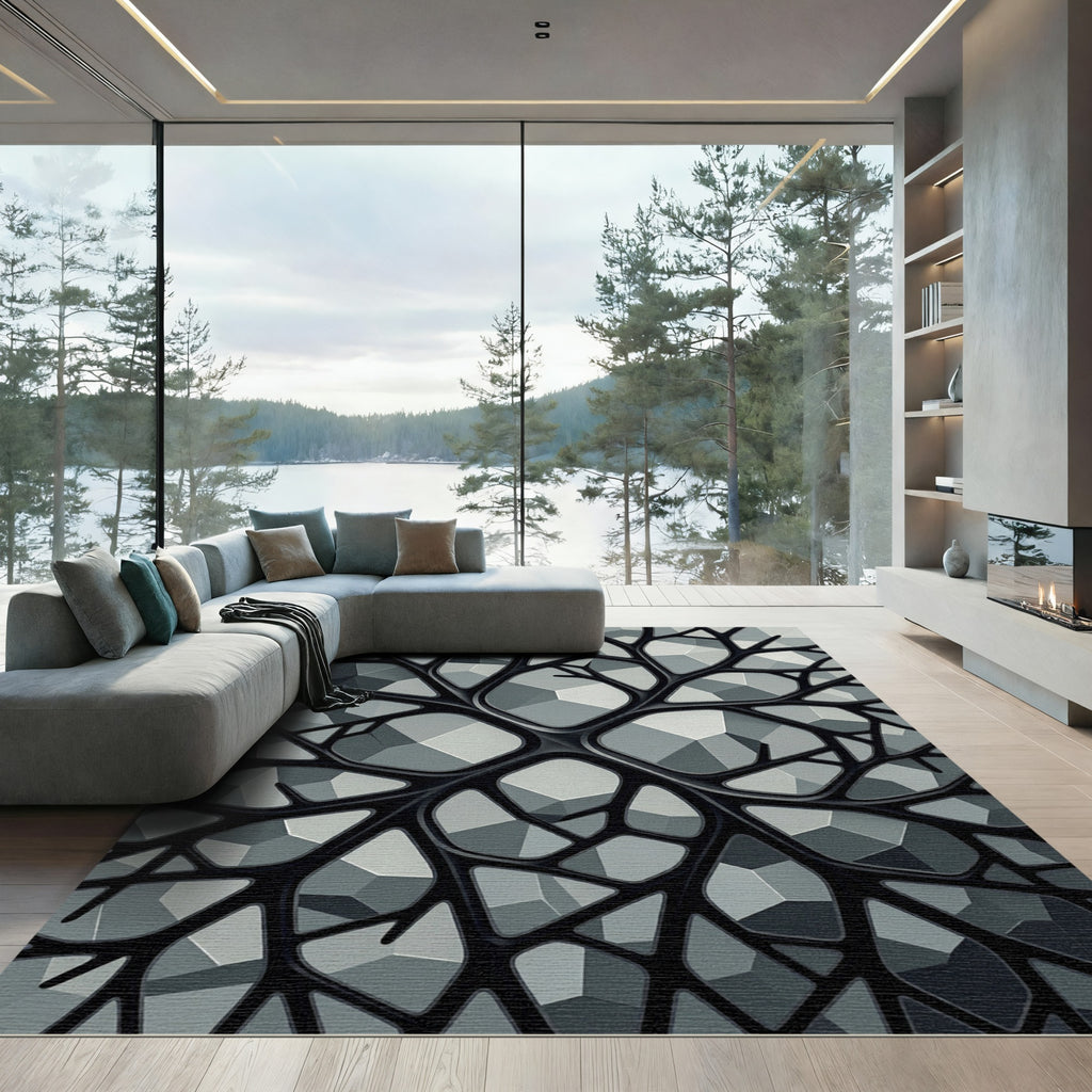 Modern Monochrome Geometric Neural Grid Rug