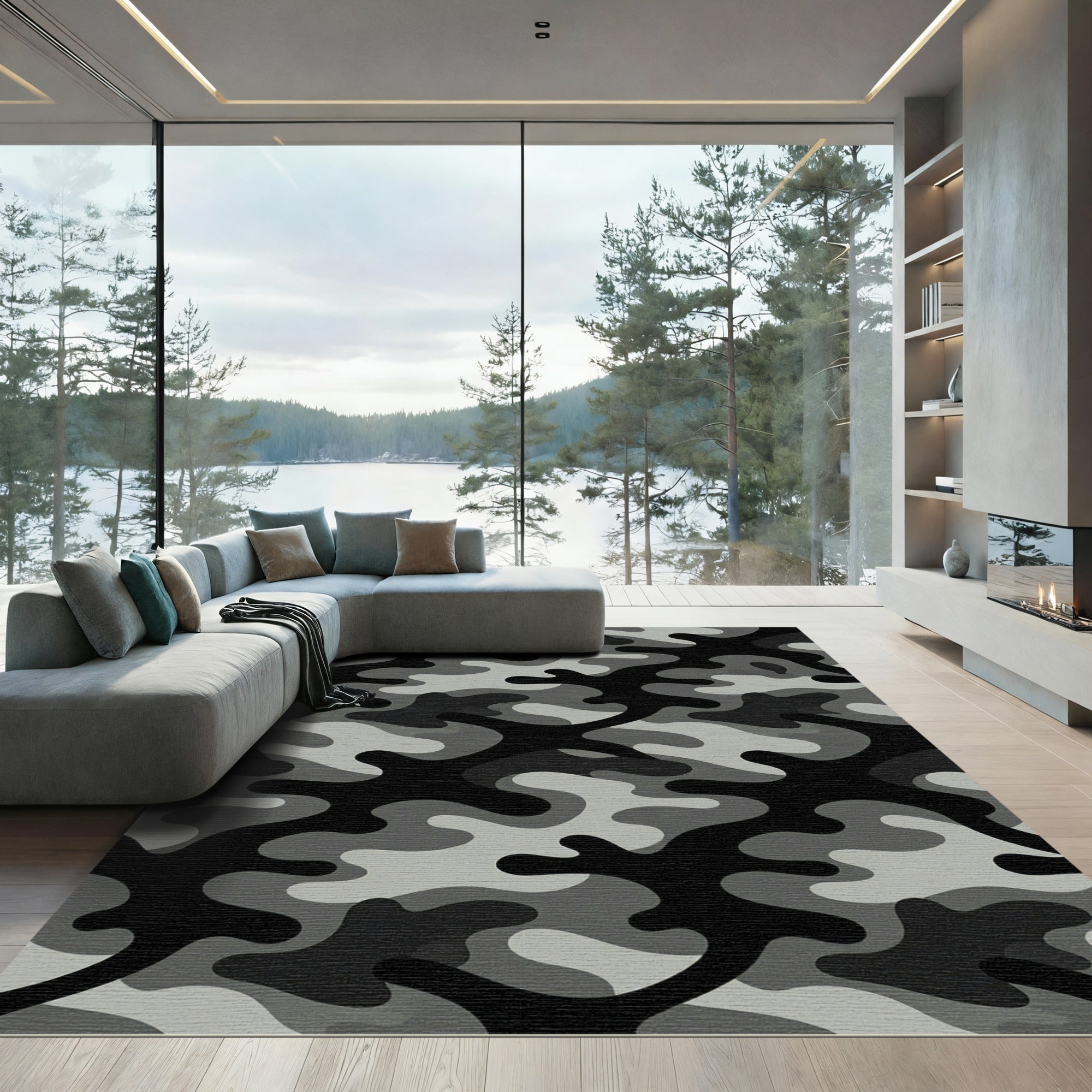 Monochrome Urban Camouflage Abstract Art Rug