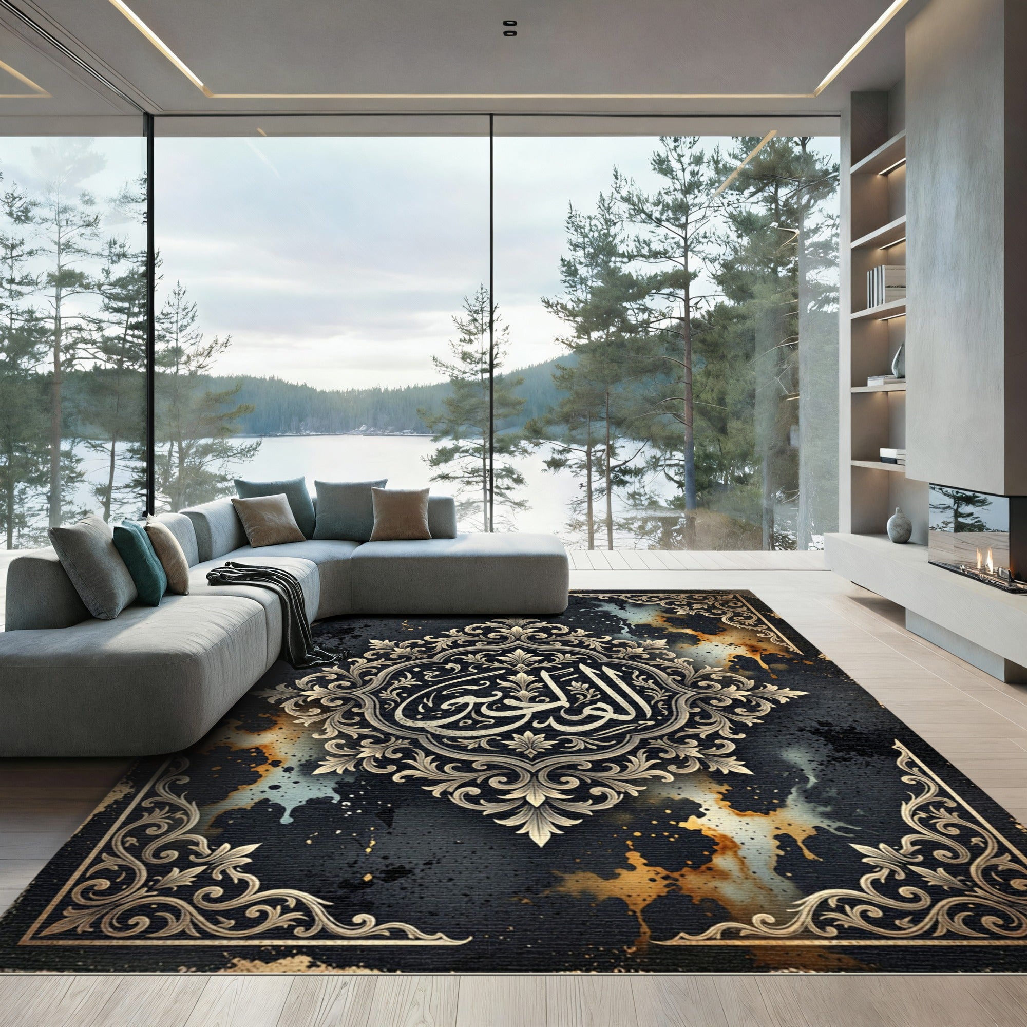 Ornate Gold Calligraphy Dark Floral Medallion Rug