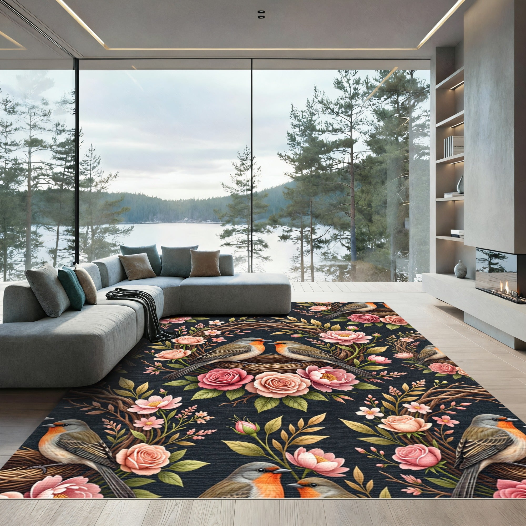 Romantic Birds and Roses Floral Wreath Rug