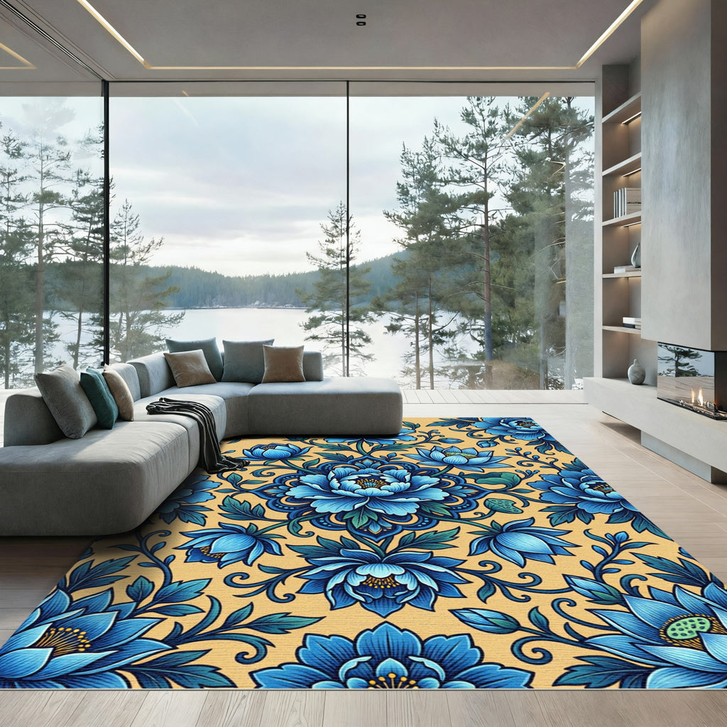 Blue Peony Medallion Floral Garden Rug