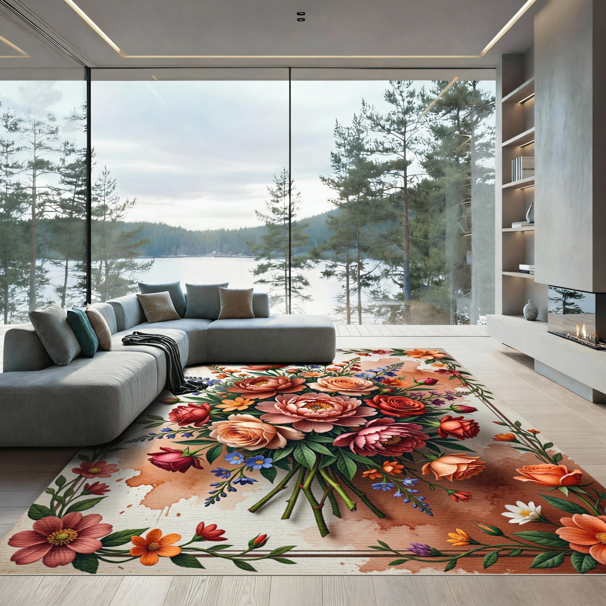Coral Peony Rose Garden Bouquet Rug