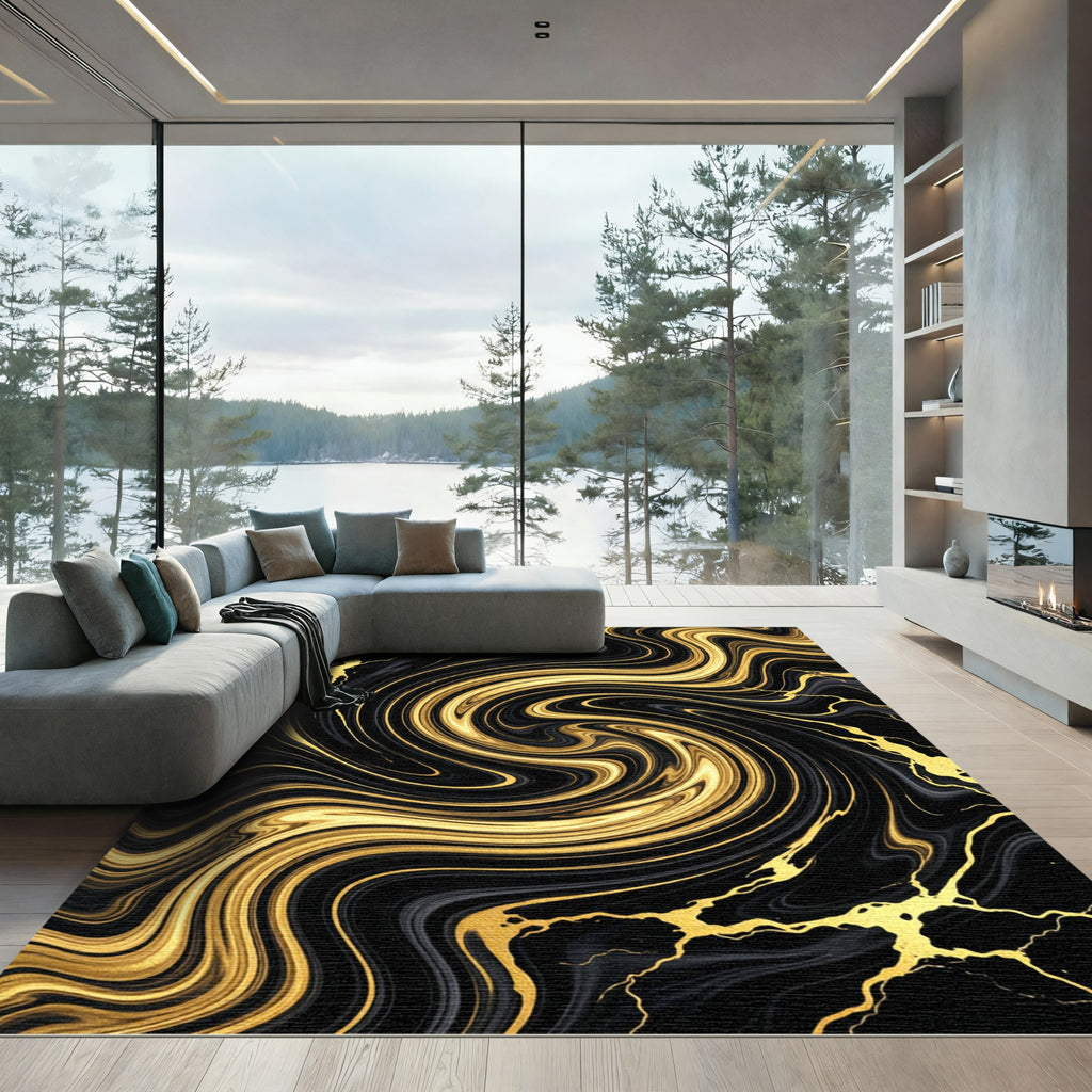 Abstract Black and Gold Liquid Swirl Rug