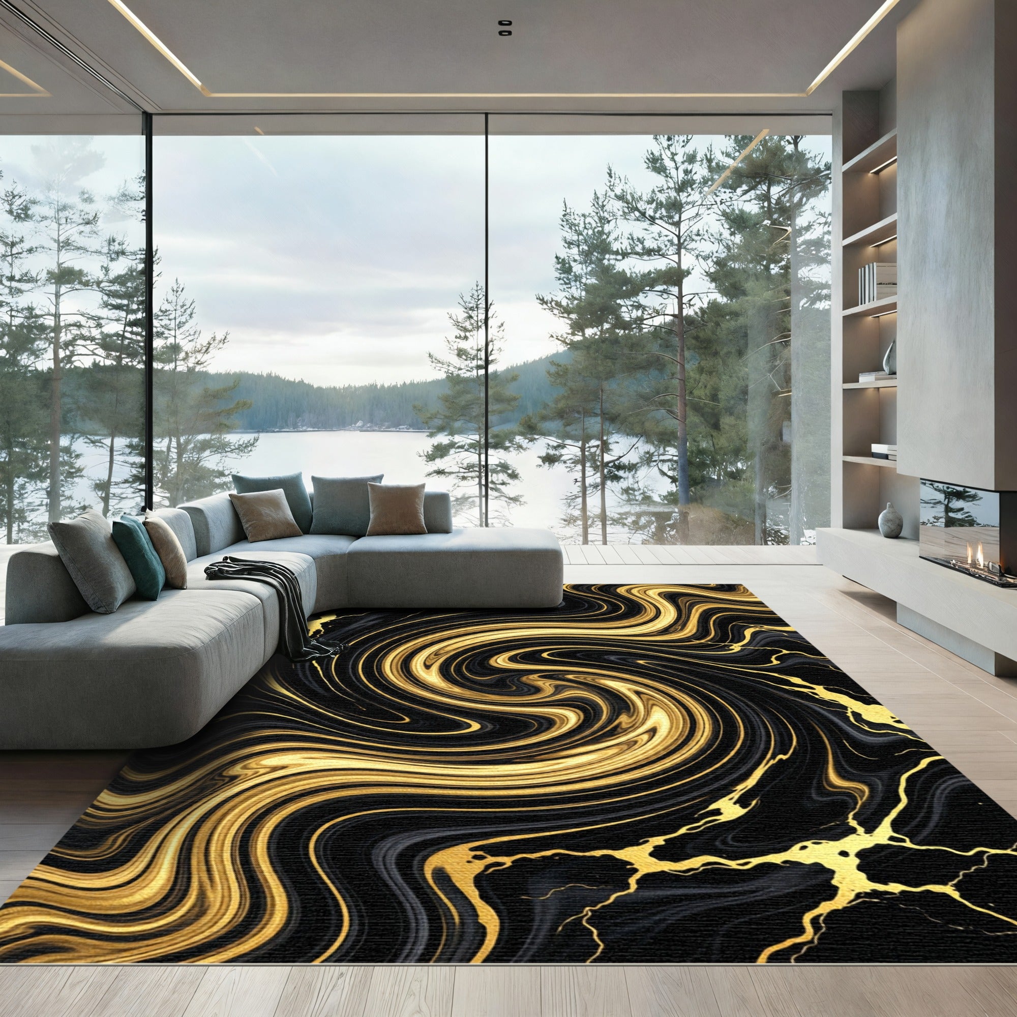 Abstract Black and Gold Liquid Swirl Rug