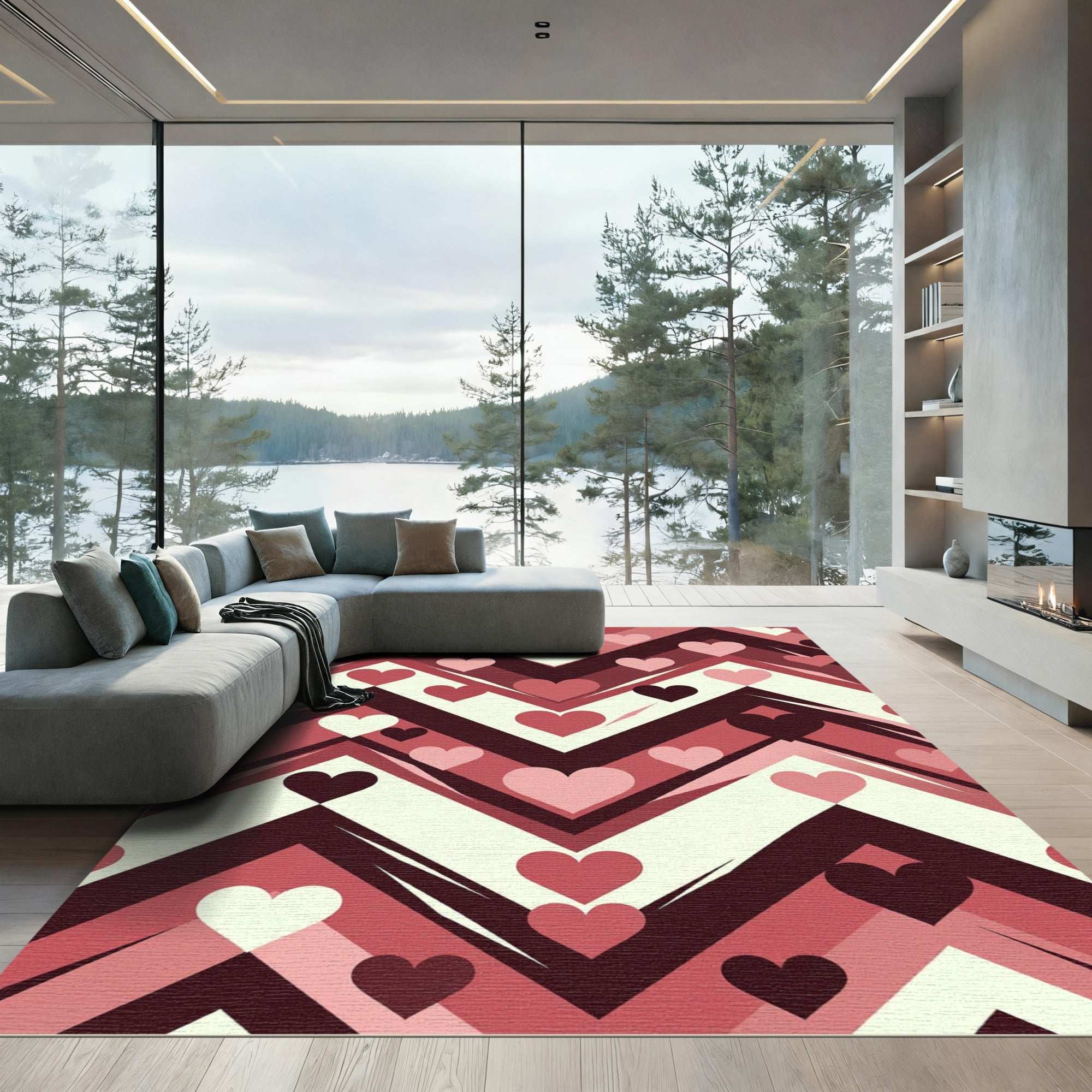 Crimson Hearts Chevron Pattern Rug