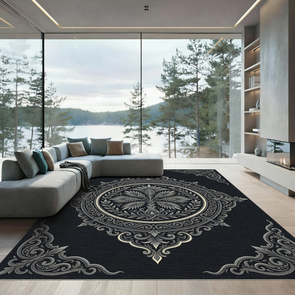 Monochromatic Ornate Floral Scrollwork Rug