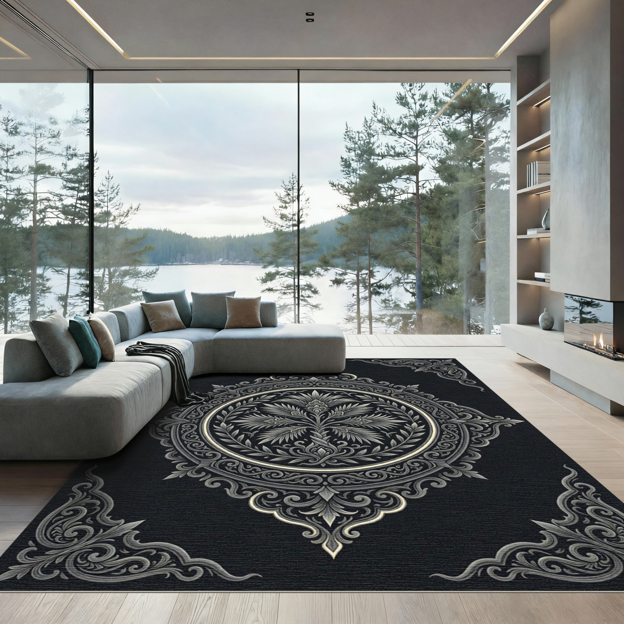 Monochromatic Ornate Floral Scrollwork Rug