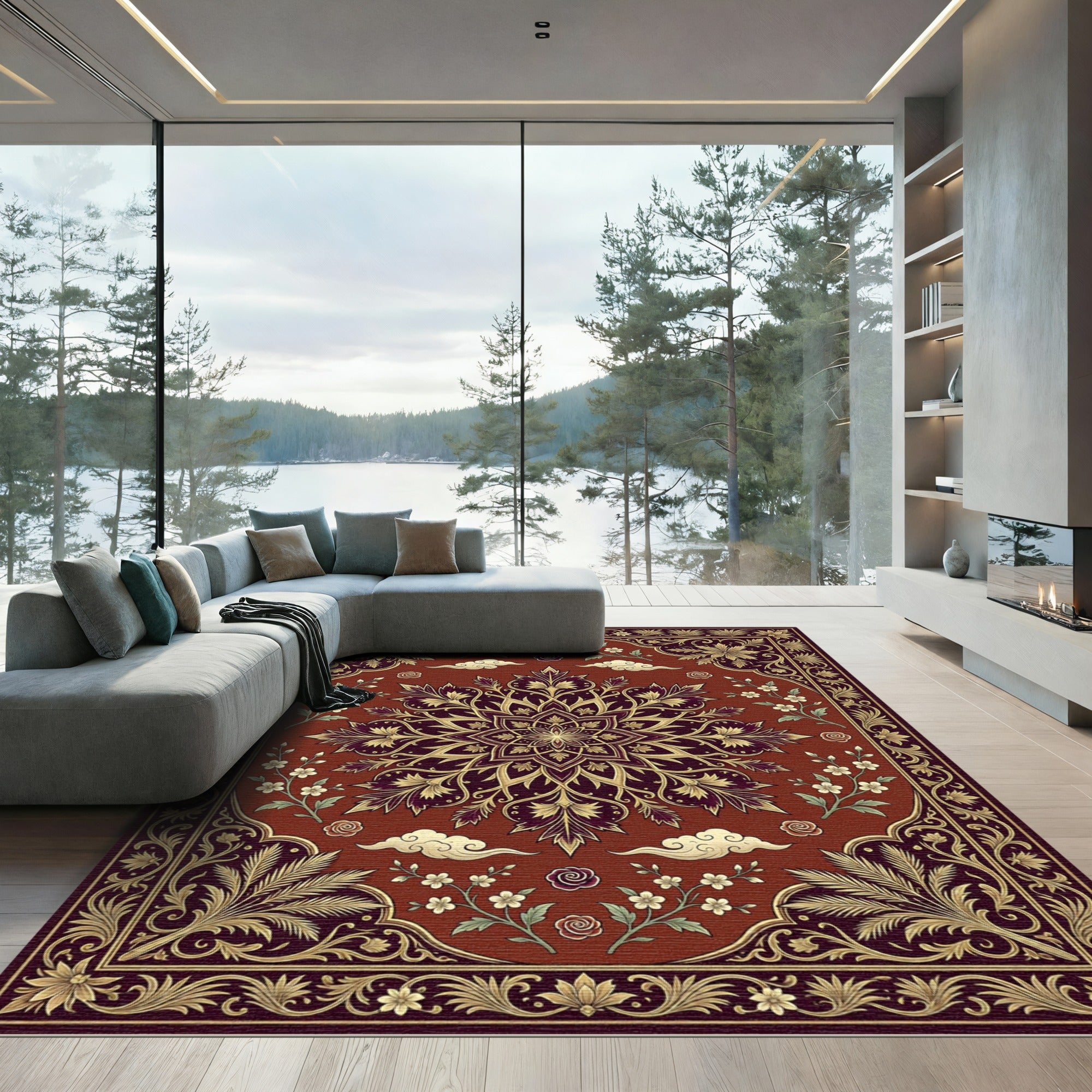 Ornate Deep Red Floral Medallion Rug