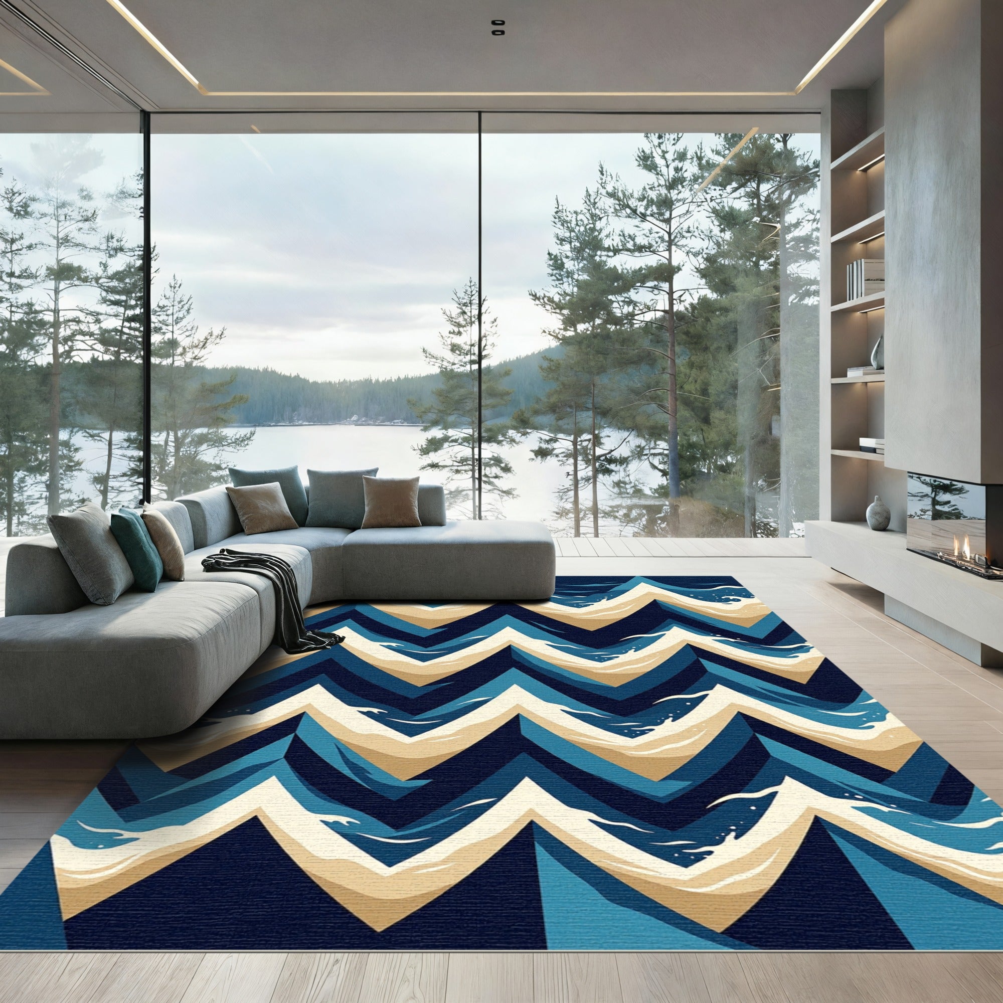 Navy and Beige Geometric Sea Wave Rug