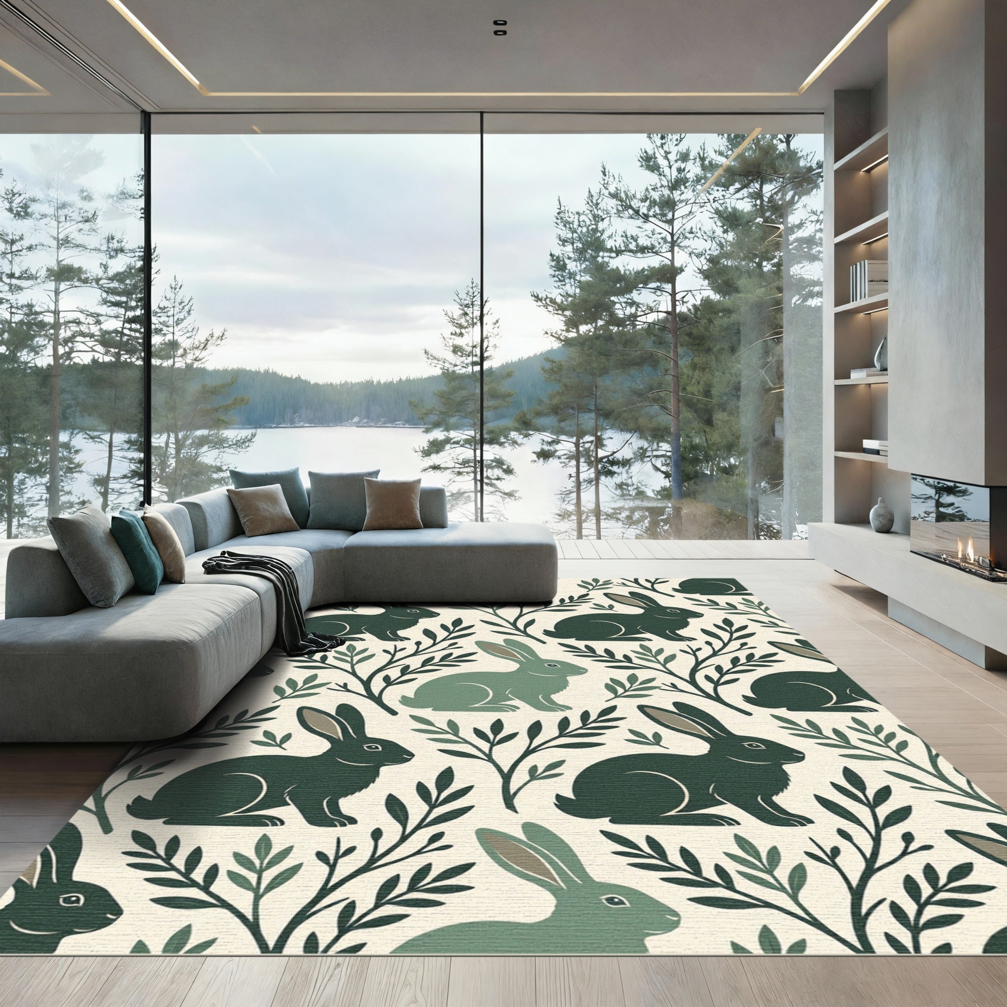 Sage Green Rabbit Woodland Forest Illustration Rug
