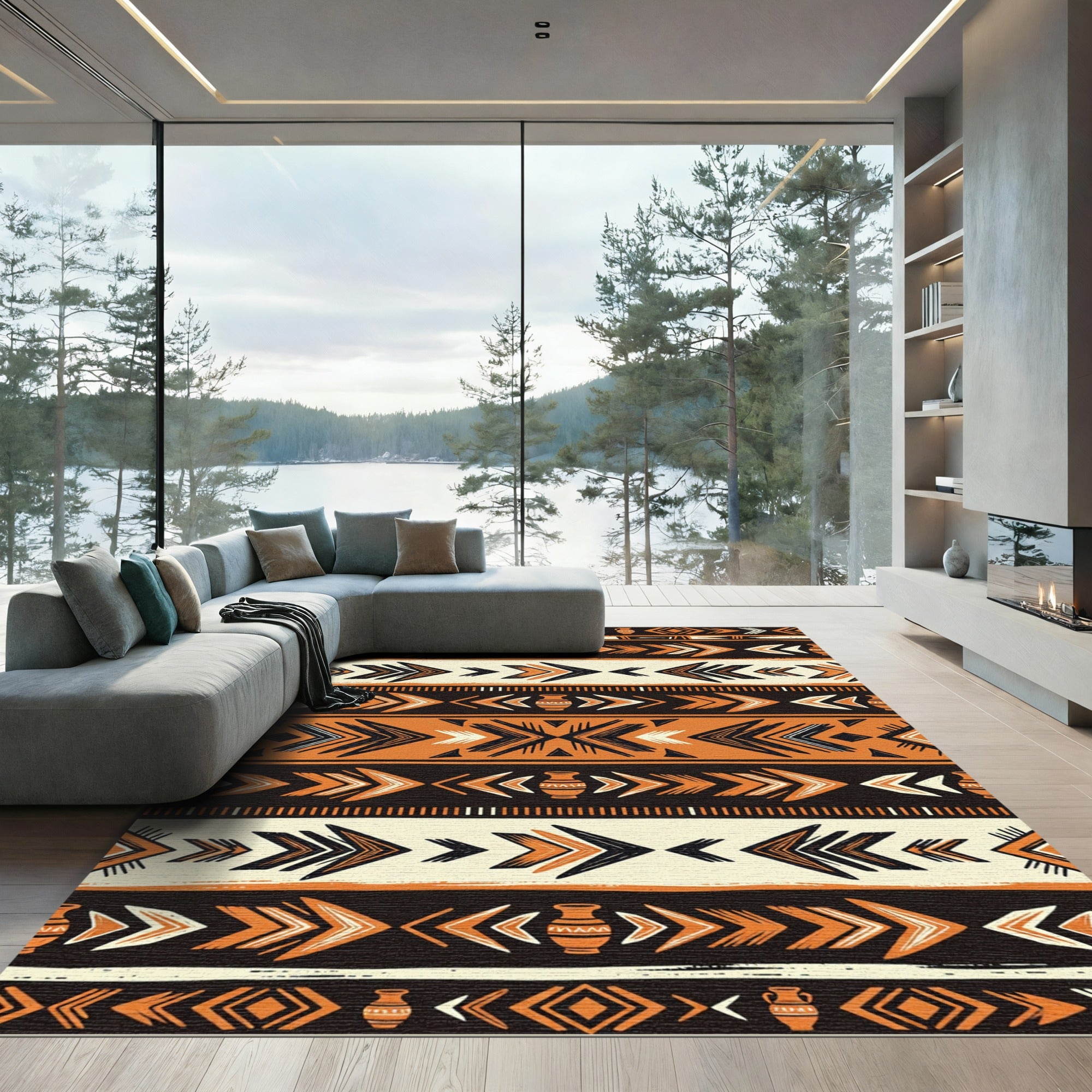 Rustic Orange Black Tribal Arrow Rug
