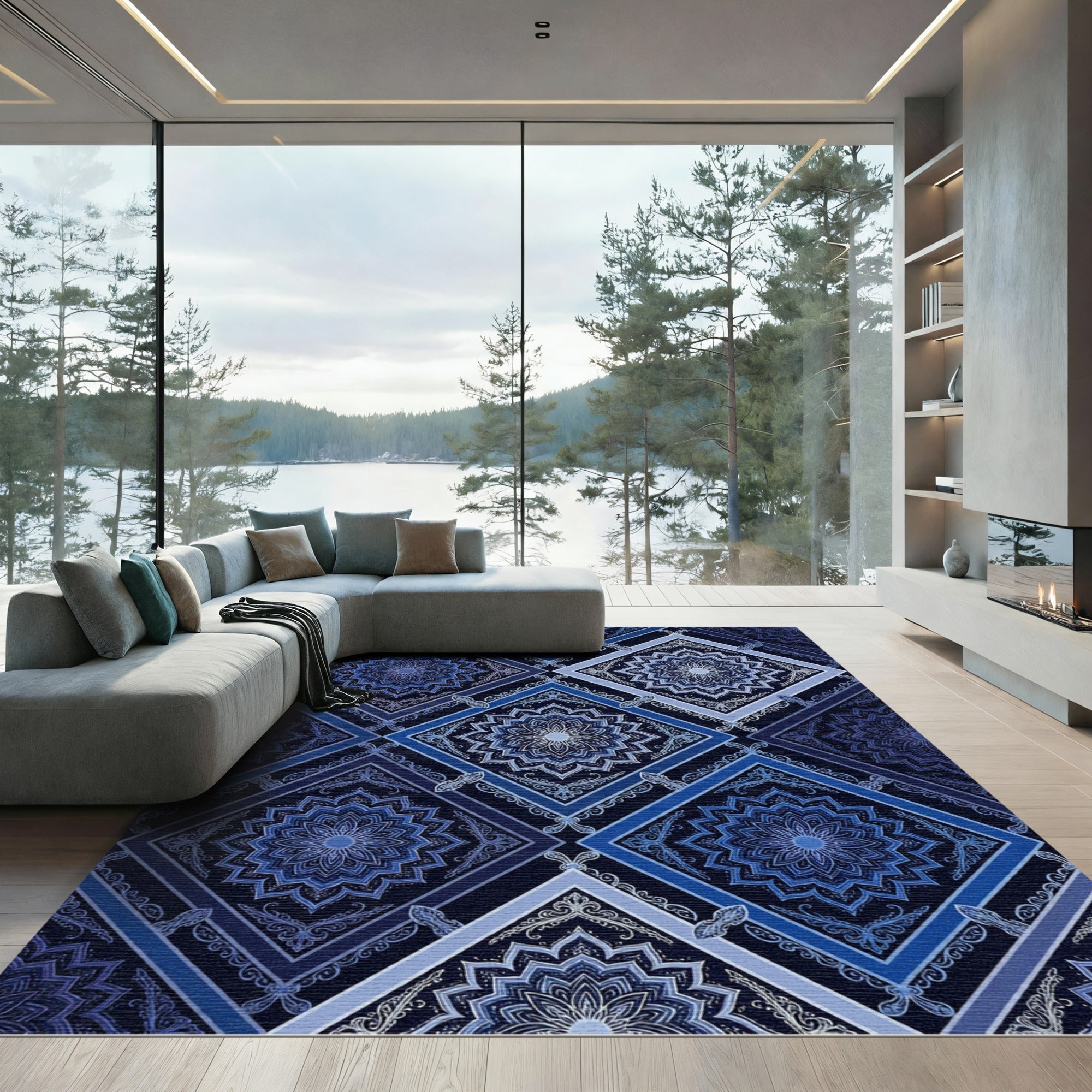 Midnight Blue Diamond Mandala Tile Rug