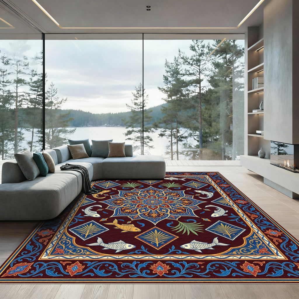 Rich Burgundy Fish Medallion Border Rug