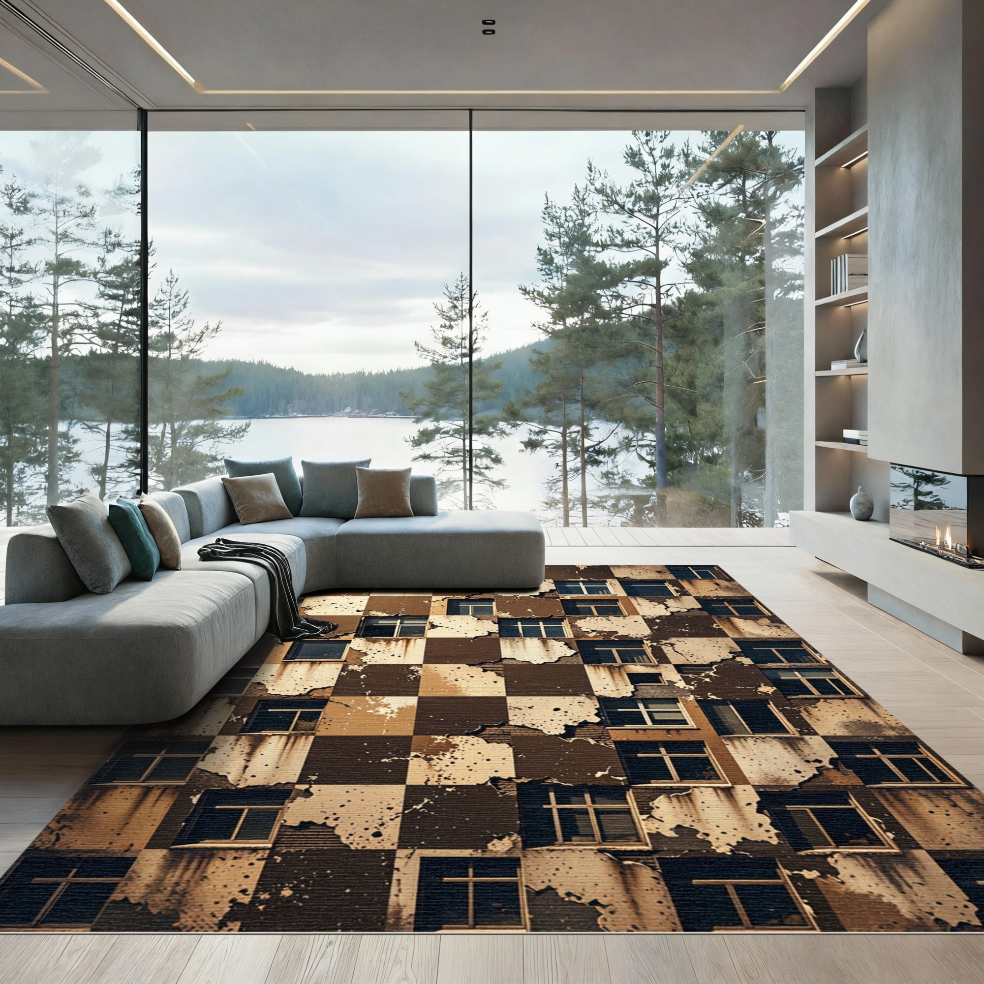 Textured Brown and Beige Checkerboard Rug