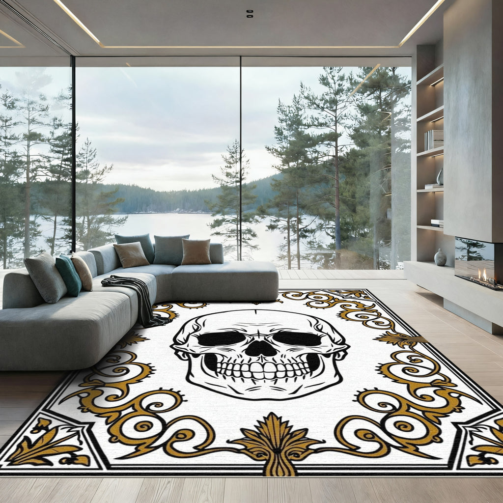 Black Gold Ornate Skull Scrollwork Rug