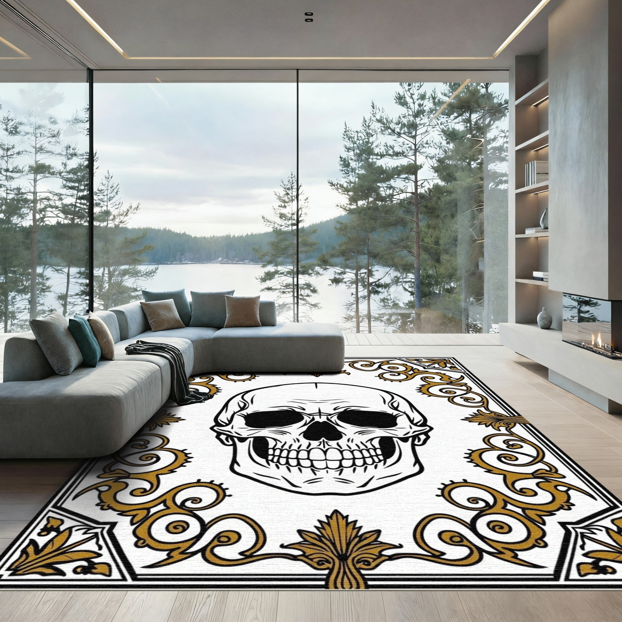 Black Gold Ornate Skull Scrollwork Rug