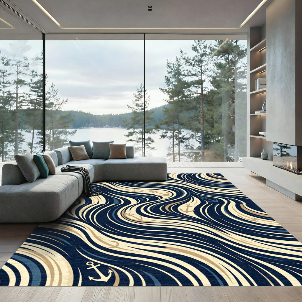 Navy and Gold Fluid Nautical Anchor Rug