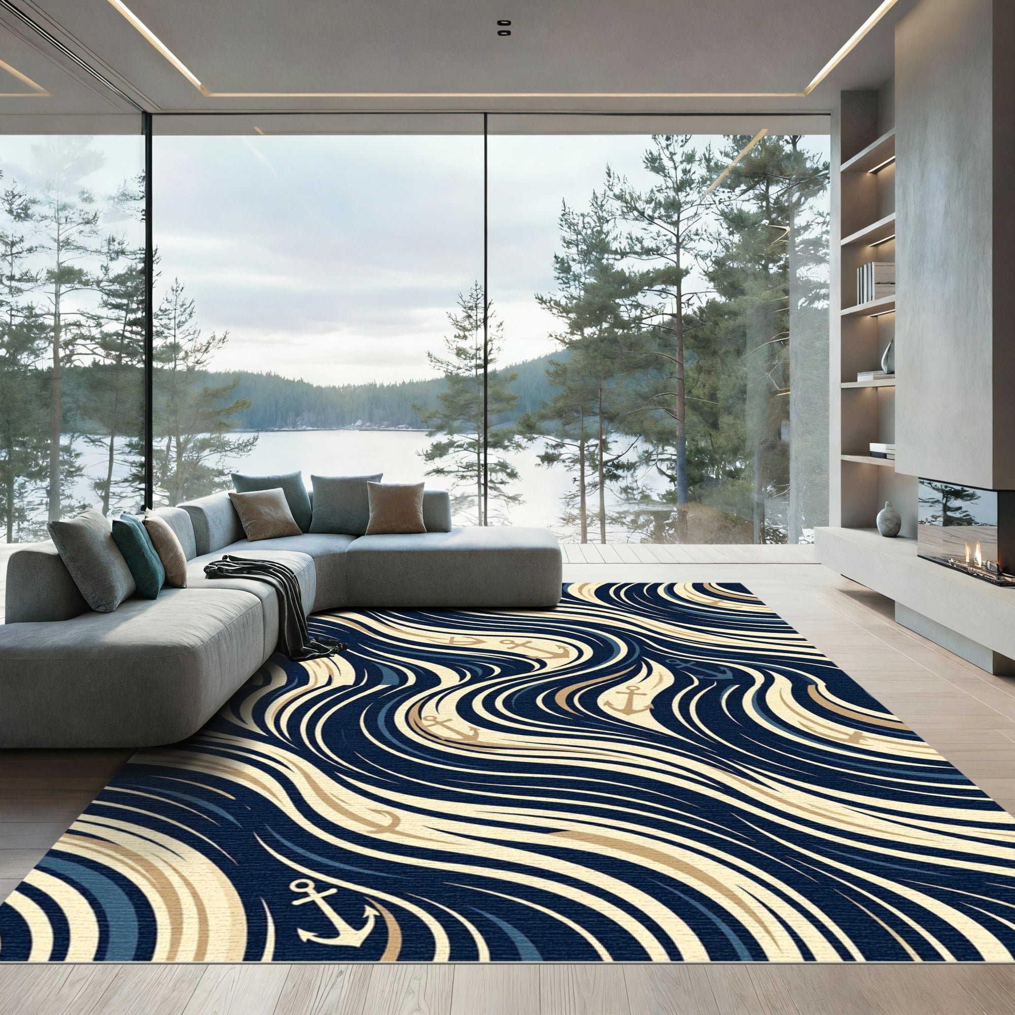 Navy and Gold Fluid Nautical Anchor Rug