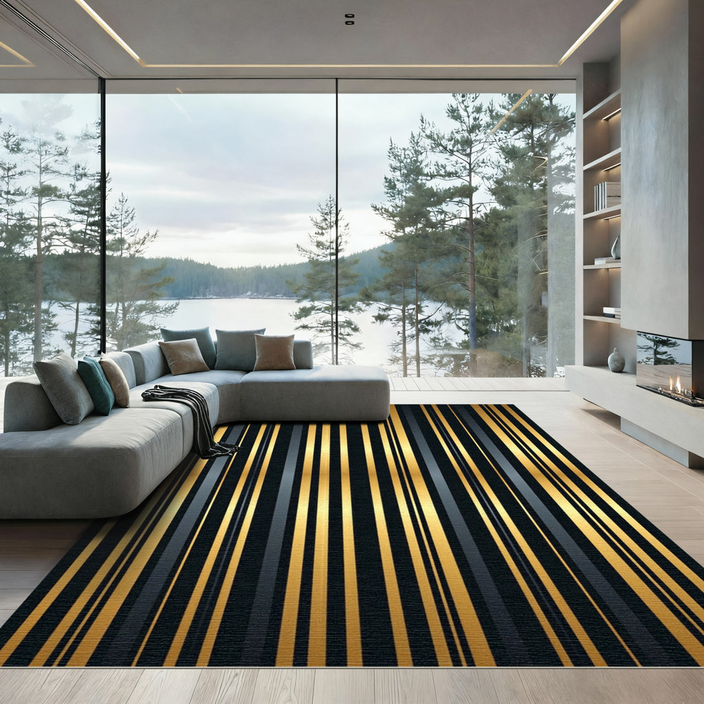Elegant Gold Black Stripe Rug