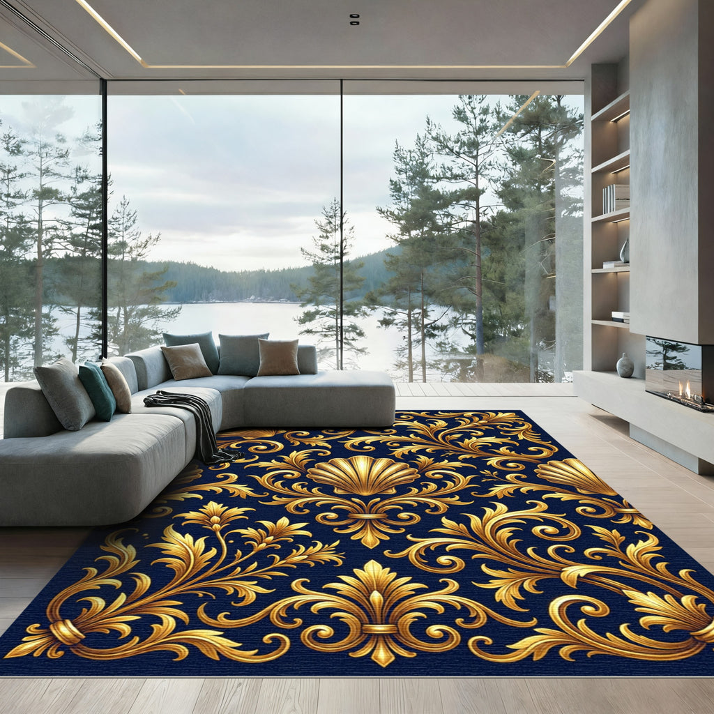 Gold Shell Baroque Scroll Navy Rug