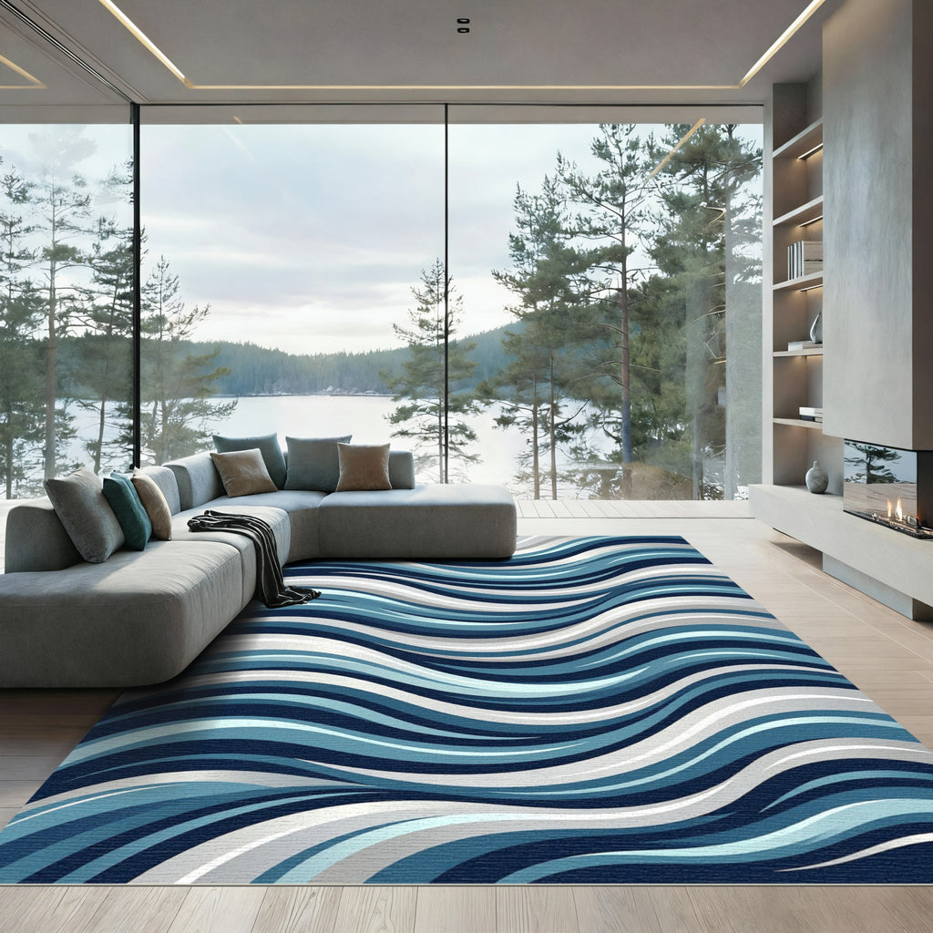 Modern Navy and Slate Wavy Stripe Rug