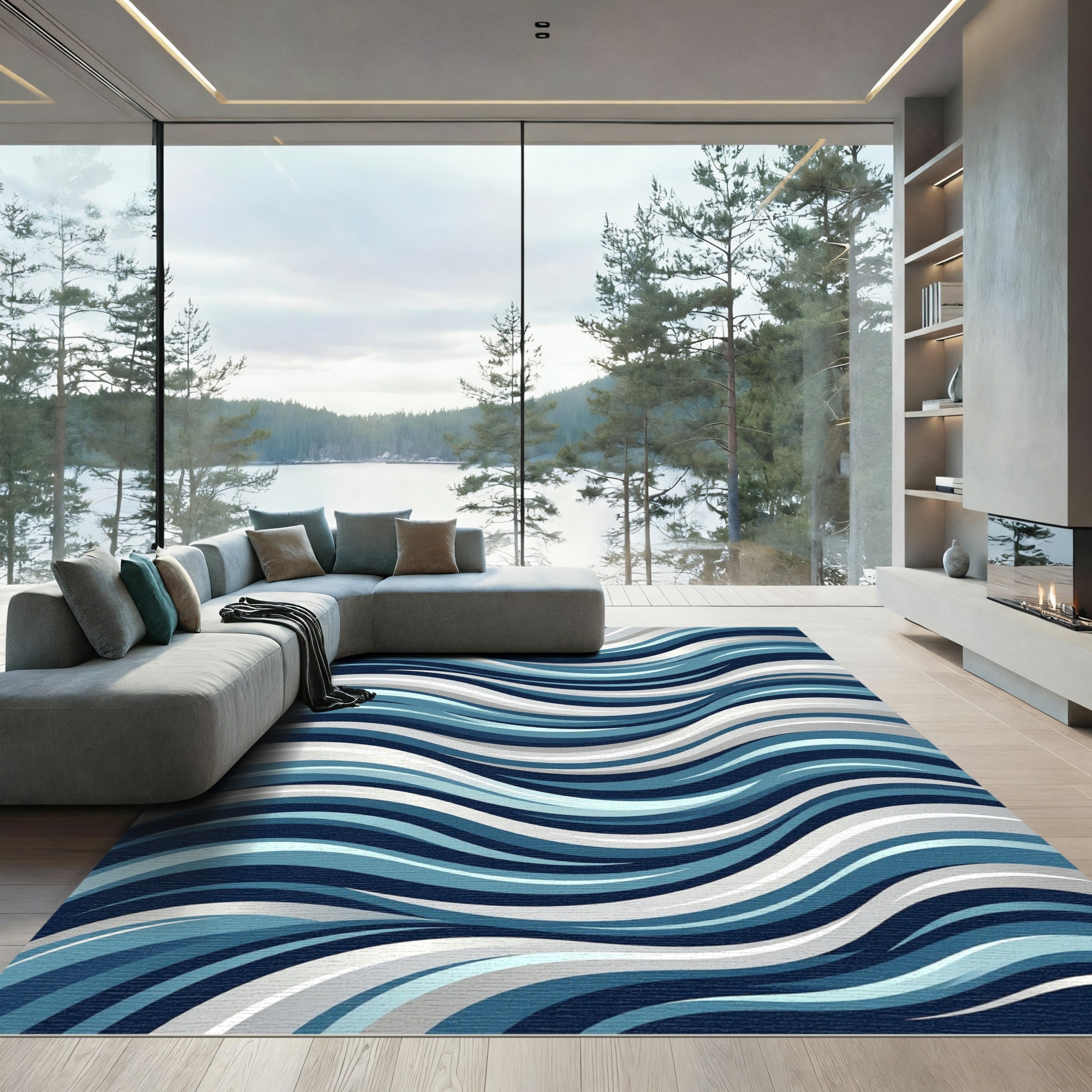 Modern Navy and Slate Wavy Stripe Rug