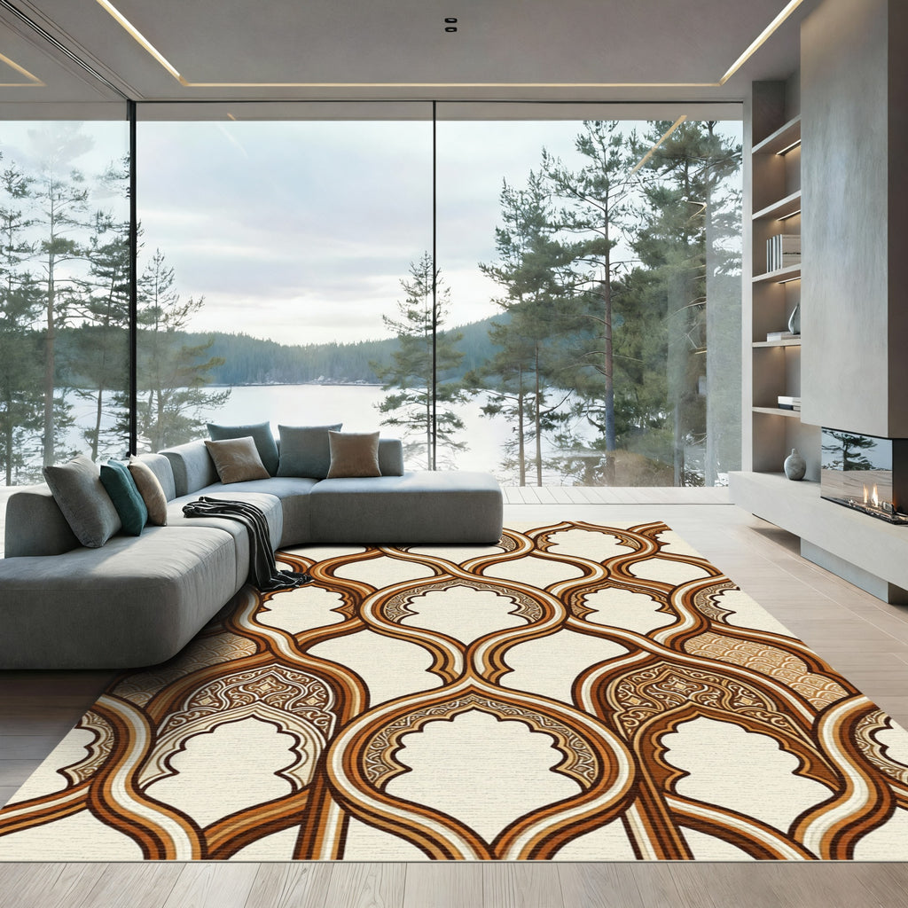 Elegant Golden Interlocking Archway Geometric Rug