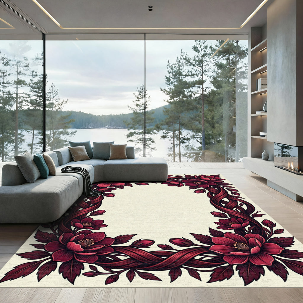 Dark Crimson Intertwined Floral Botanical Frame Rug