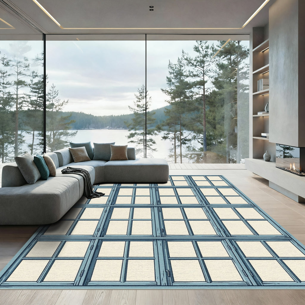Geometric Blue Gridded Window Pane Rug