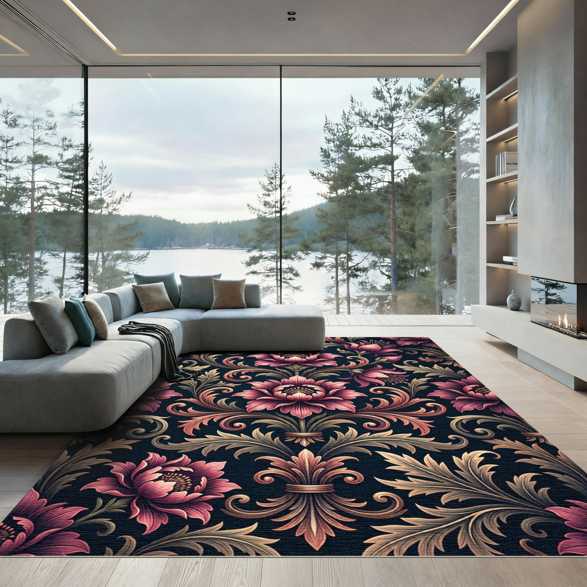 Elegant Pink Floral Damask Scroll Rug