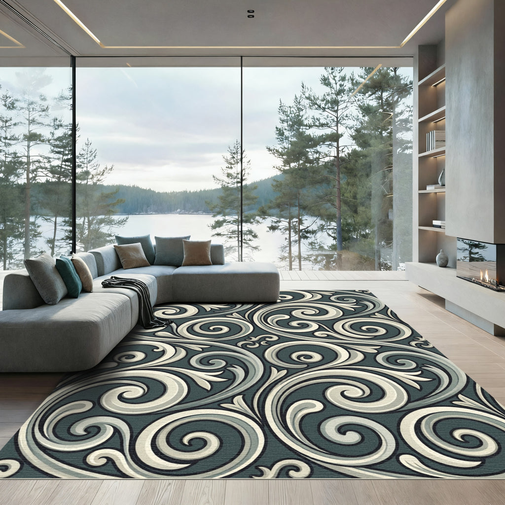 Elegant Slate Scrollwork Swirls Rug